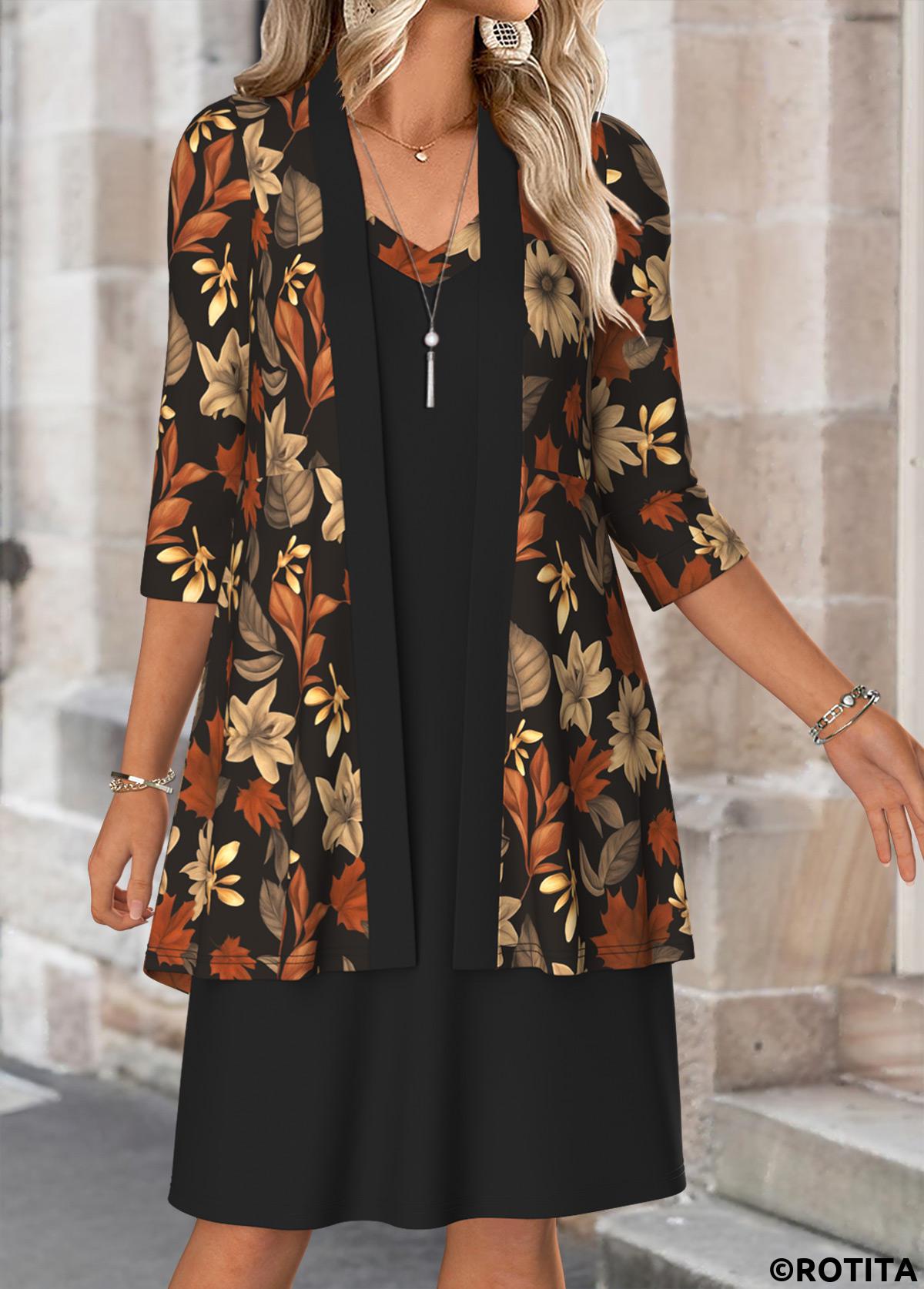 Black dresses,Plants dresses,Casual dresses,ROTITA Tummy Coverage Leaf Print Black Dress and Cardigan