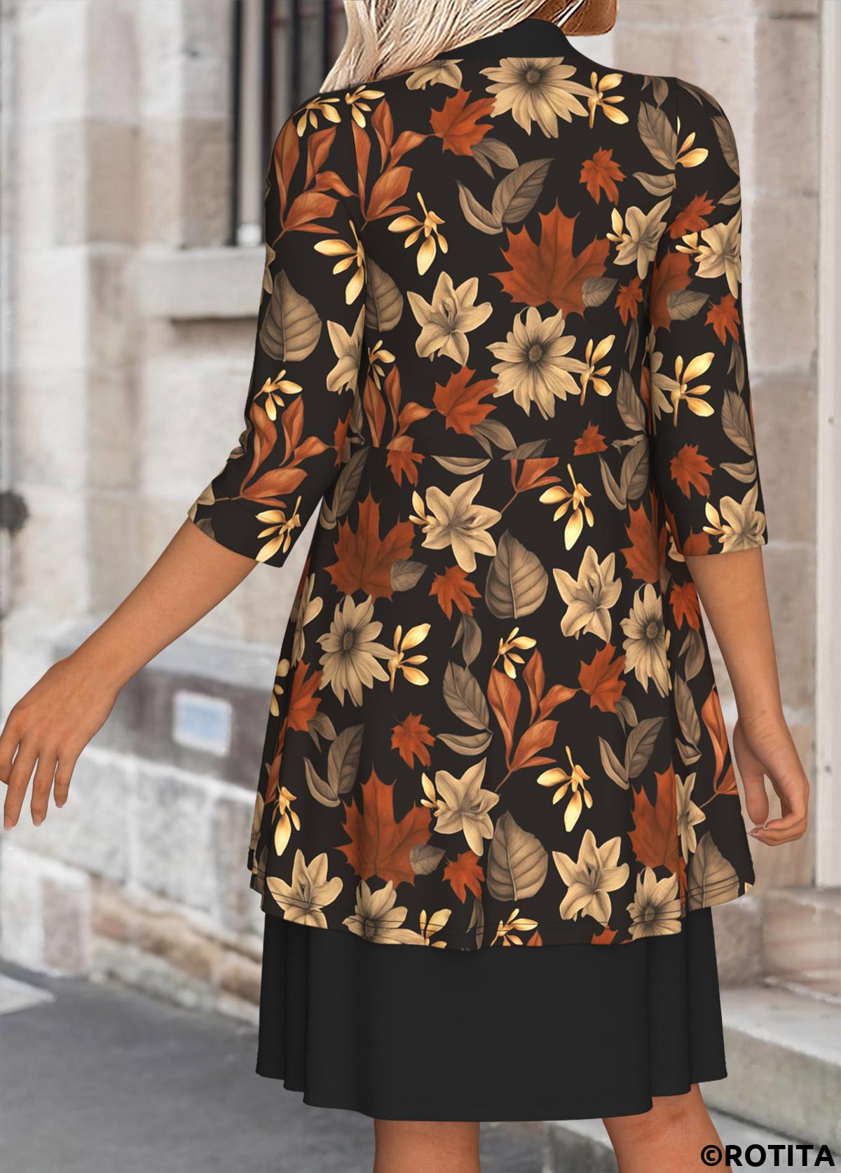 Black dresses,Plants dresses,Casual dresses,ROTITA Tummy Coverage Leaf Print Black Dress and Cardigan