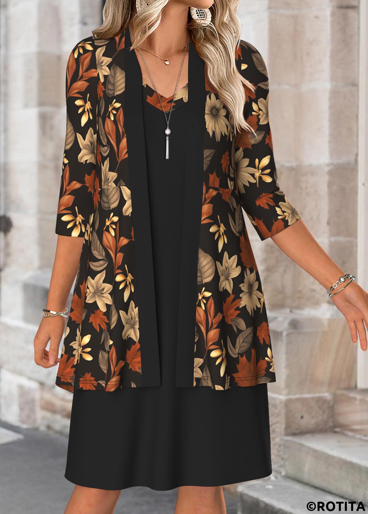 Black dresses,Plants dresses,Casual dresses,ROTITA Tummy Coverage Leaf Print Black Dress and Cardigan