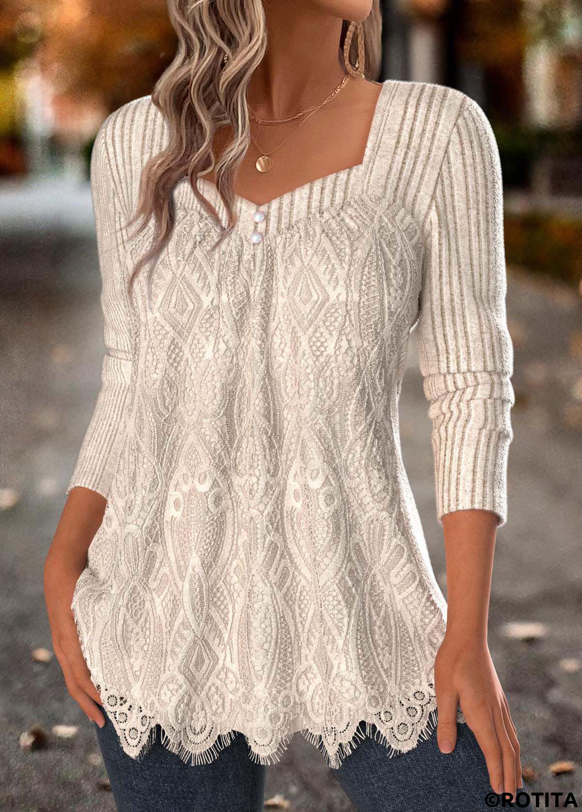 Beige tops,Plain Color tops,ROTITA Tummy Coverage Beige Square Neck Long Sleeve T Shirt