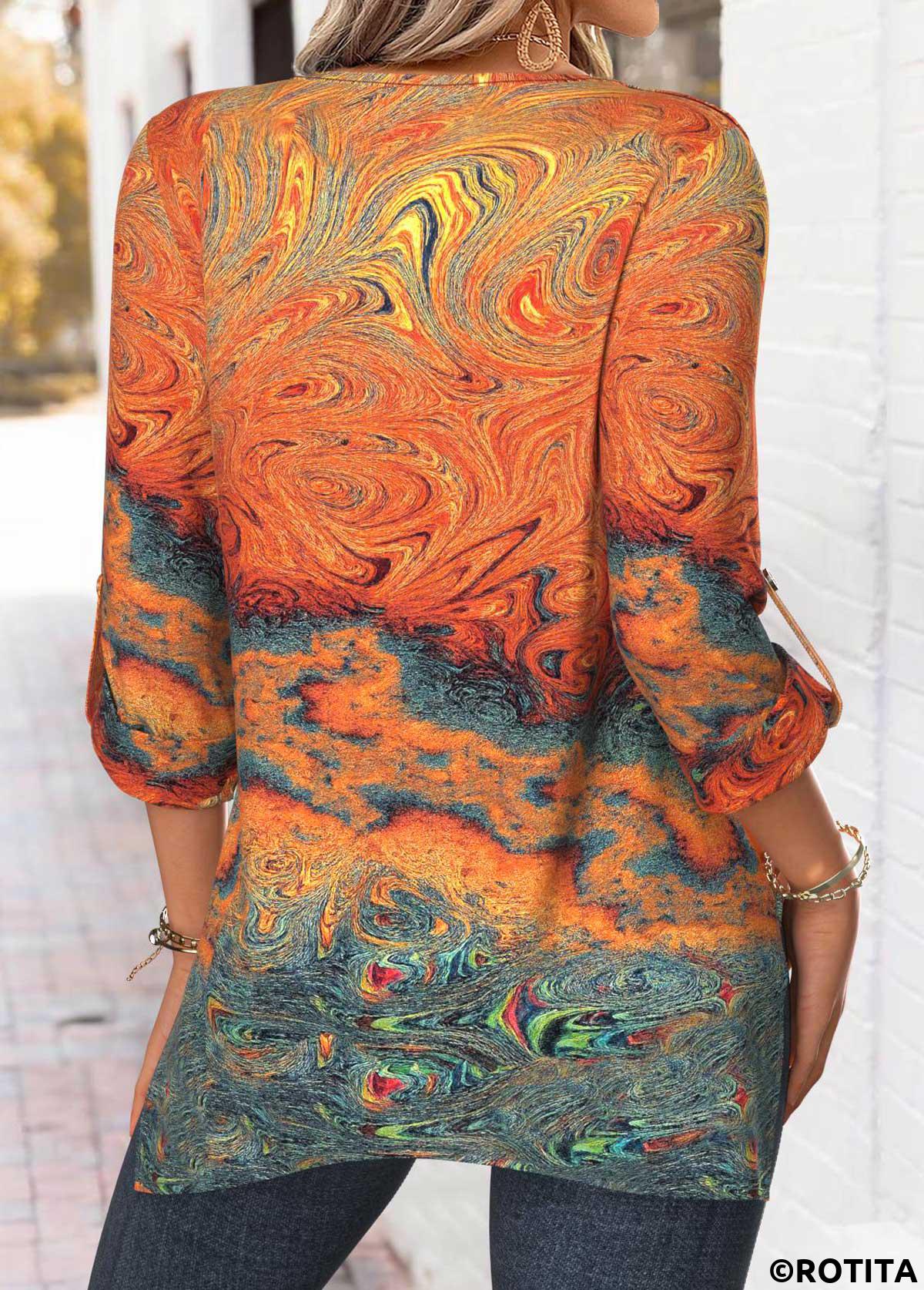 Orange tops,Graphic tops,ROTITA Tummy Coverage Ink Painting Print Orange Round Neck Blouse