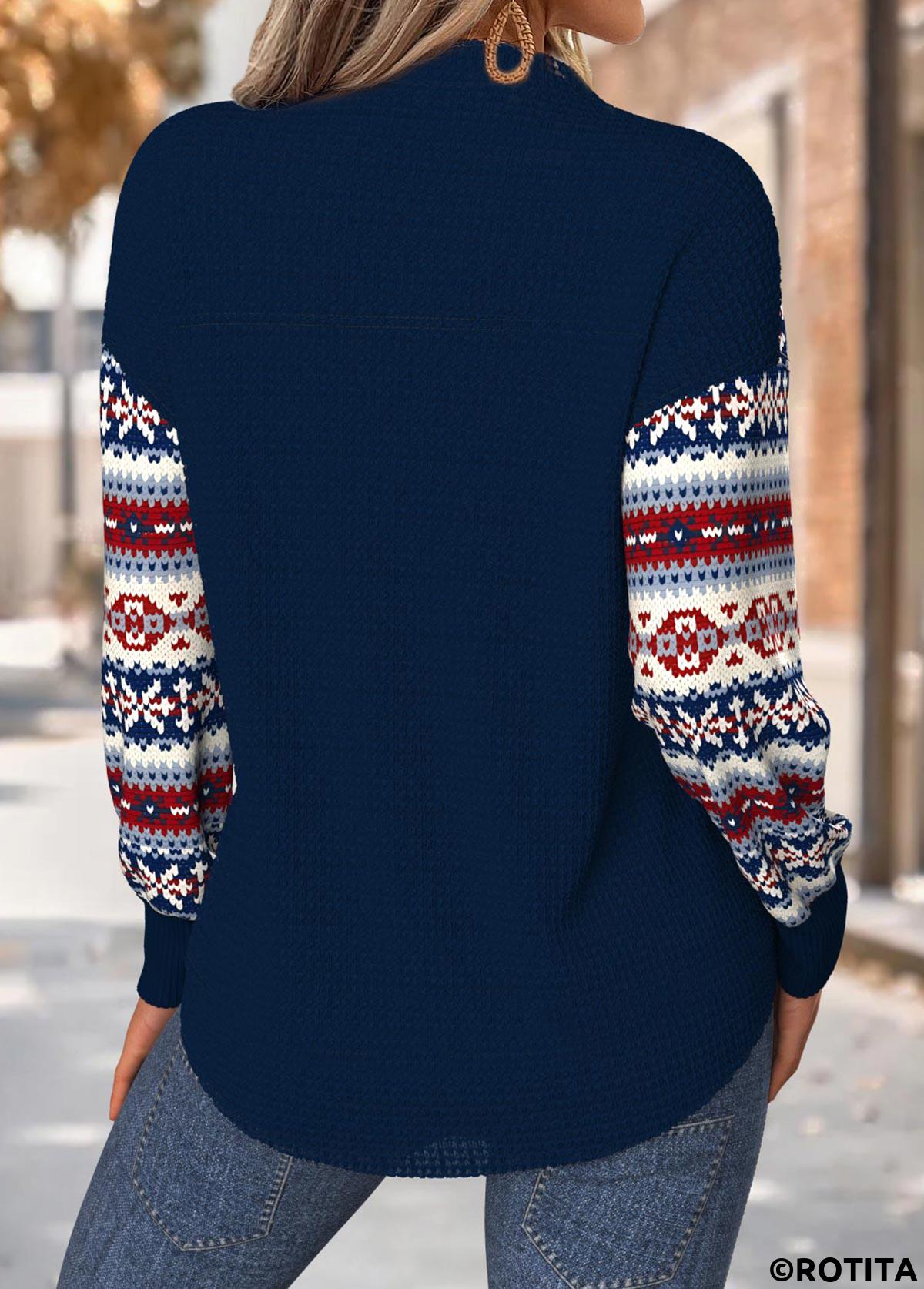 Navy tops,Tribal tops,ROTITA Tummy Coverage Tribal Print Navy Split Neck Sweatshirt