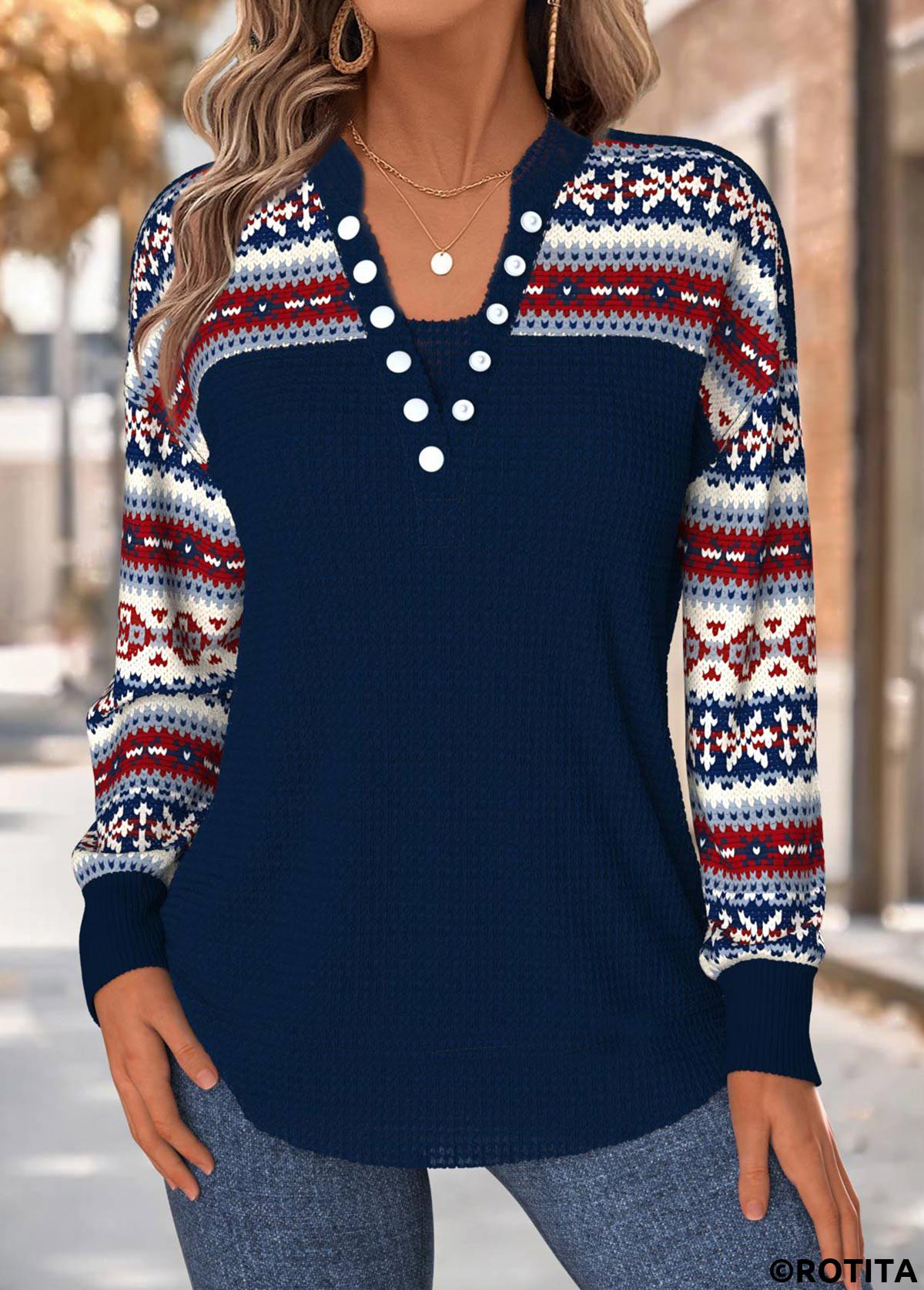 Navy tops,Tribal tops,ROTITA Tummy Coverage Tribal Print Navy Split Neck Sweatshirt