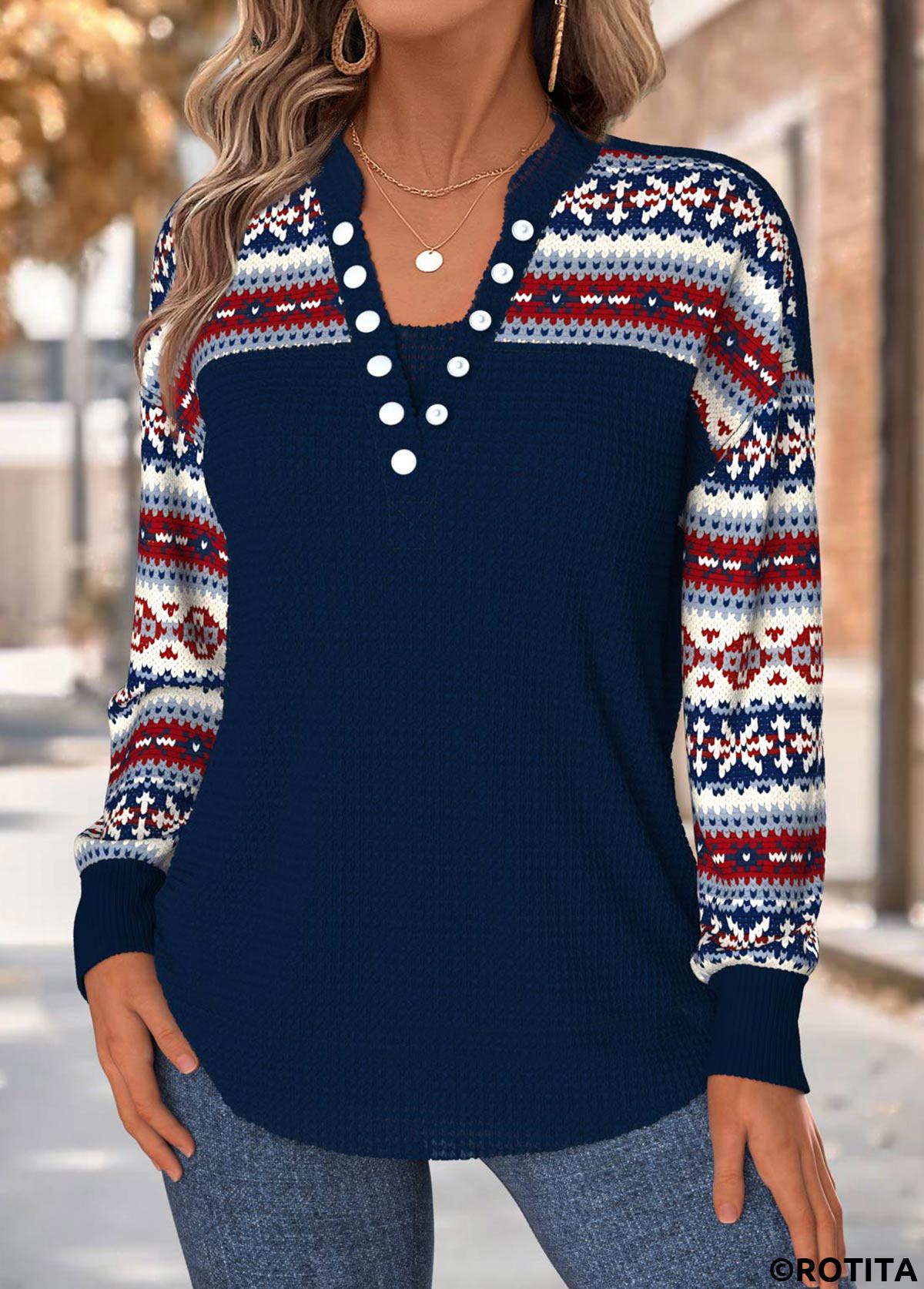 Navy tops,Tribal tops,ROTITA Tummy Coverage Tribal Print Navy Split Neck Sweatshirt