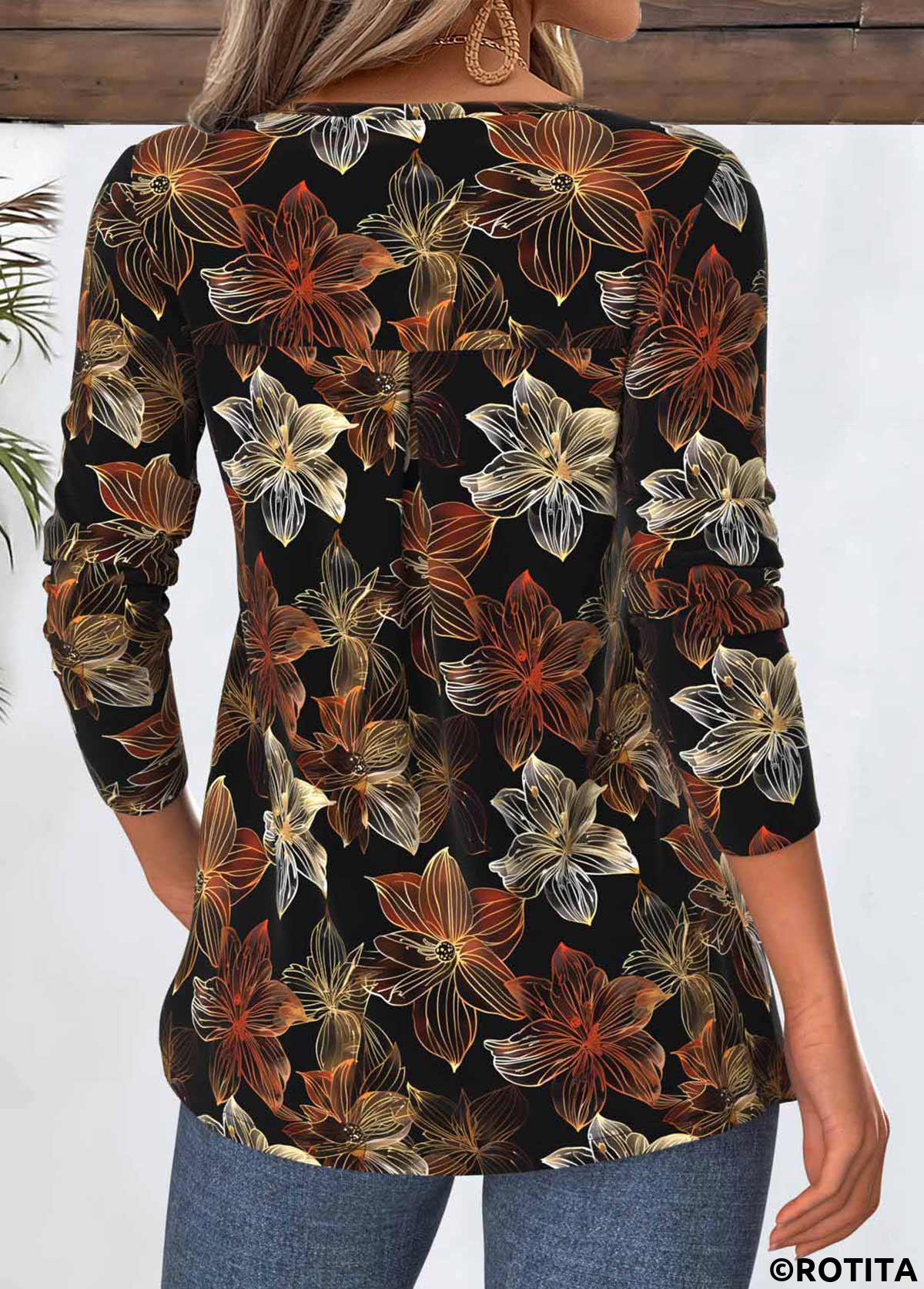 Black tops,Floral tops,Plants tops,ROTITA Tummy Coverage Floral Print Black Split Neck T Shirt