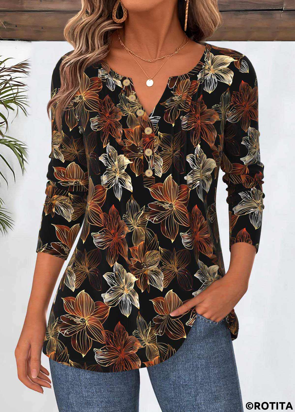 Black tops,Floral tops,Plants tops,ROTITA Tummy Coverage Floral Print Black Split Neck T Shirt