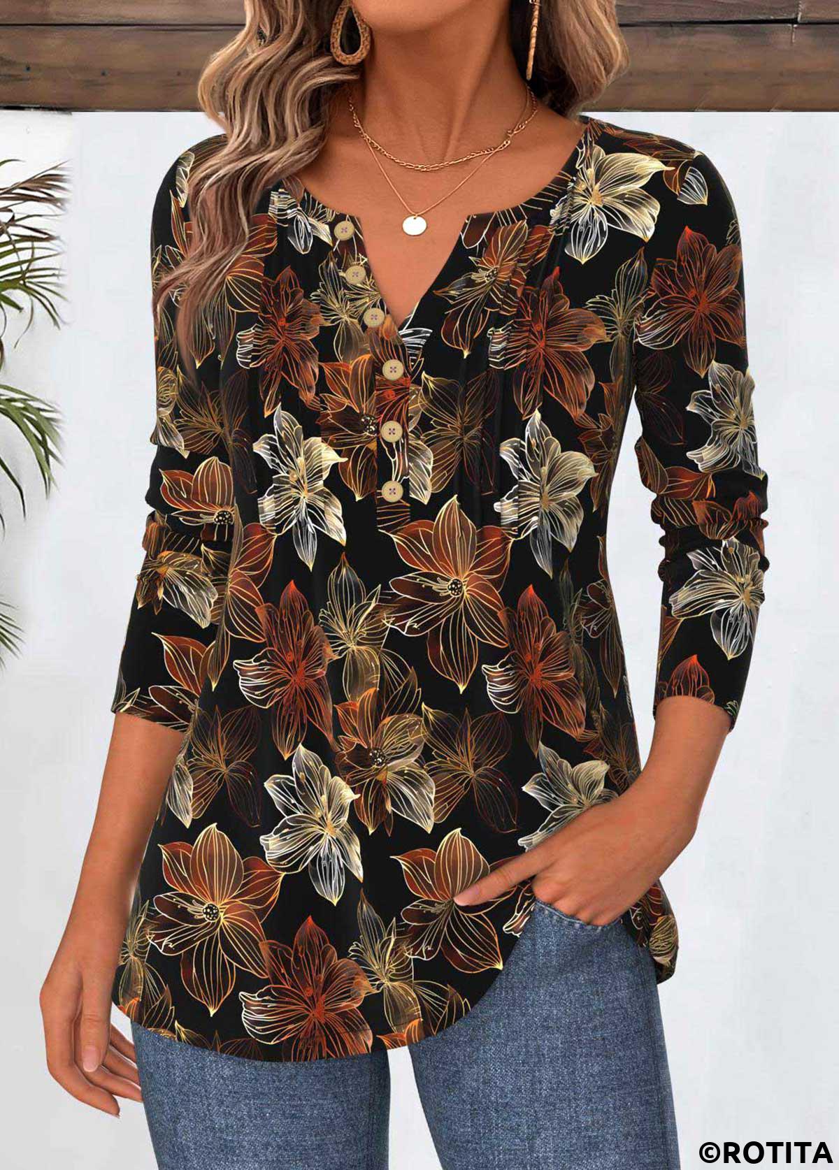 Black tops,Floral tops,Plants tops,ROTITA Tummy Coverage Floral Print Black Split Neck T Shirt