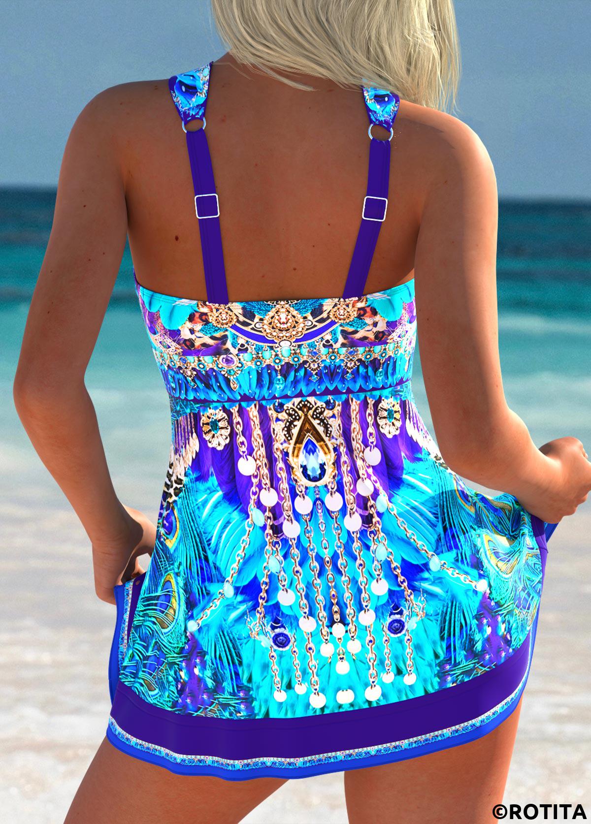 Purplish Blue swimwear,Tribal swimwear,ROTITA Purplish Blue Tribal Print High Waisted Tankini Set