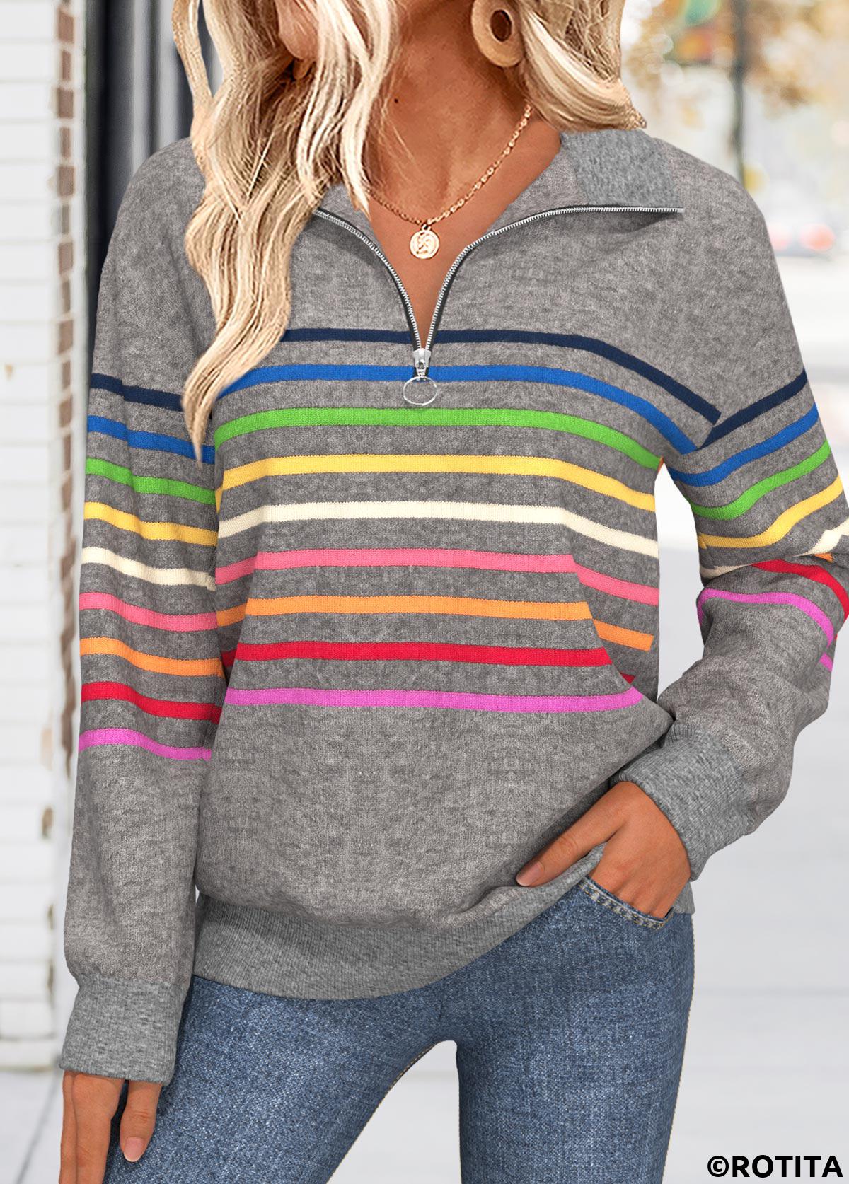 Dark Grey tops,Striped tops,Geometric tops,ROTITA Tummy Coverage Multi Stripe Print Dark Grey Sweatshirt