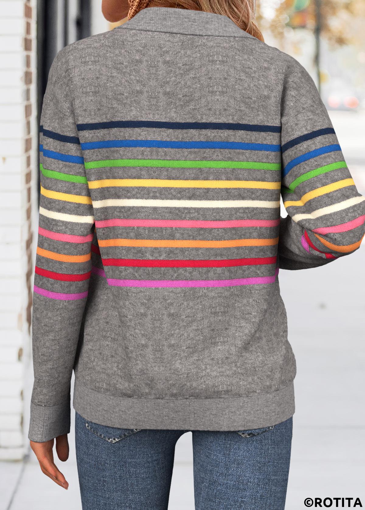 Dark Grey tops,Striped tops,Geometric tops,ROTITA Tummy Coverage Multi Stripe Print Dark Grey Sweatshirt