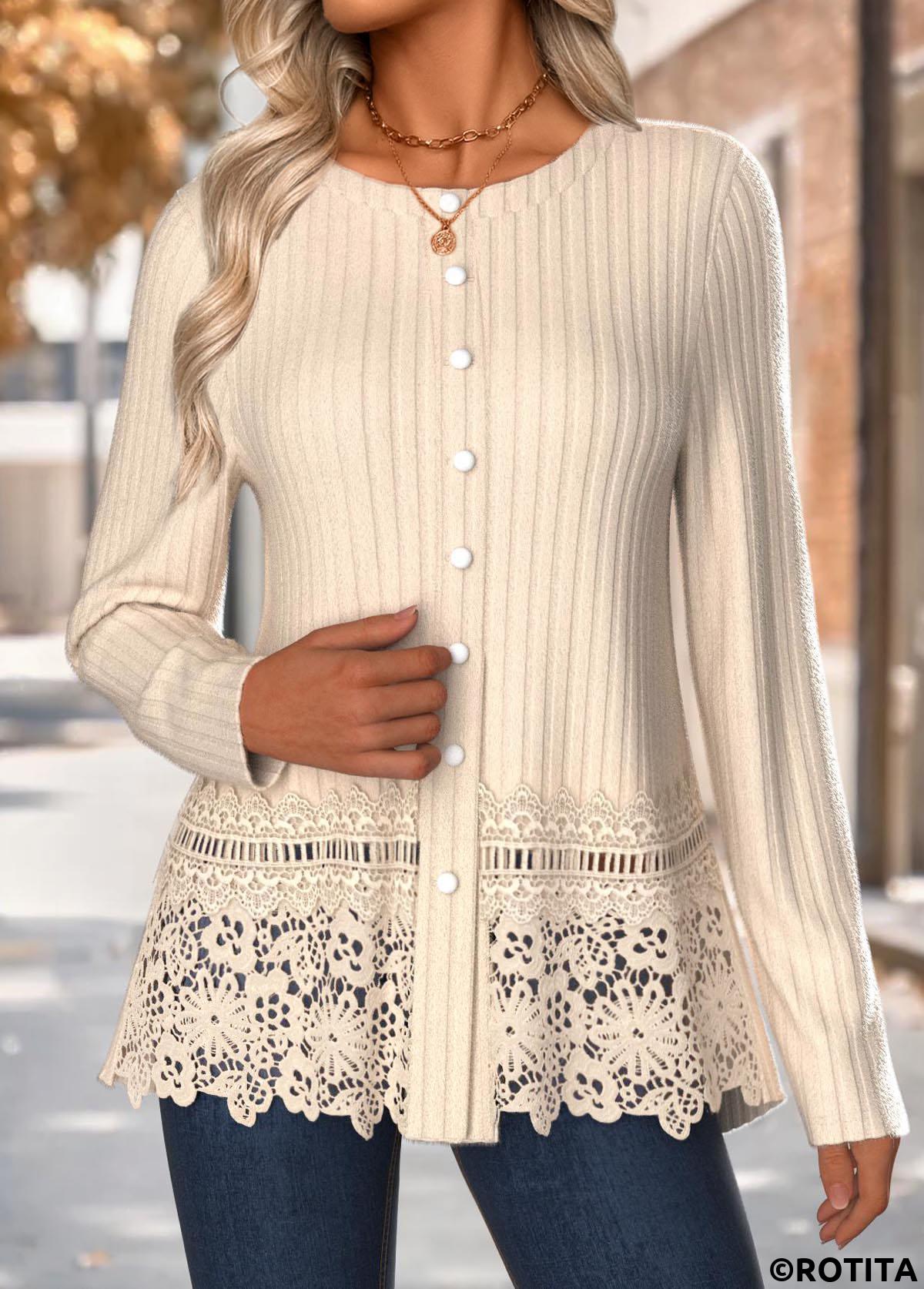 Beige tops,Plain Color tops,ROTITA Tummy Coverage Beige Round Neck Long Sleeve T Shirt