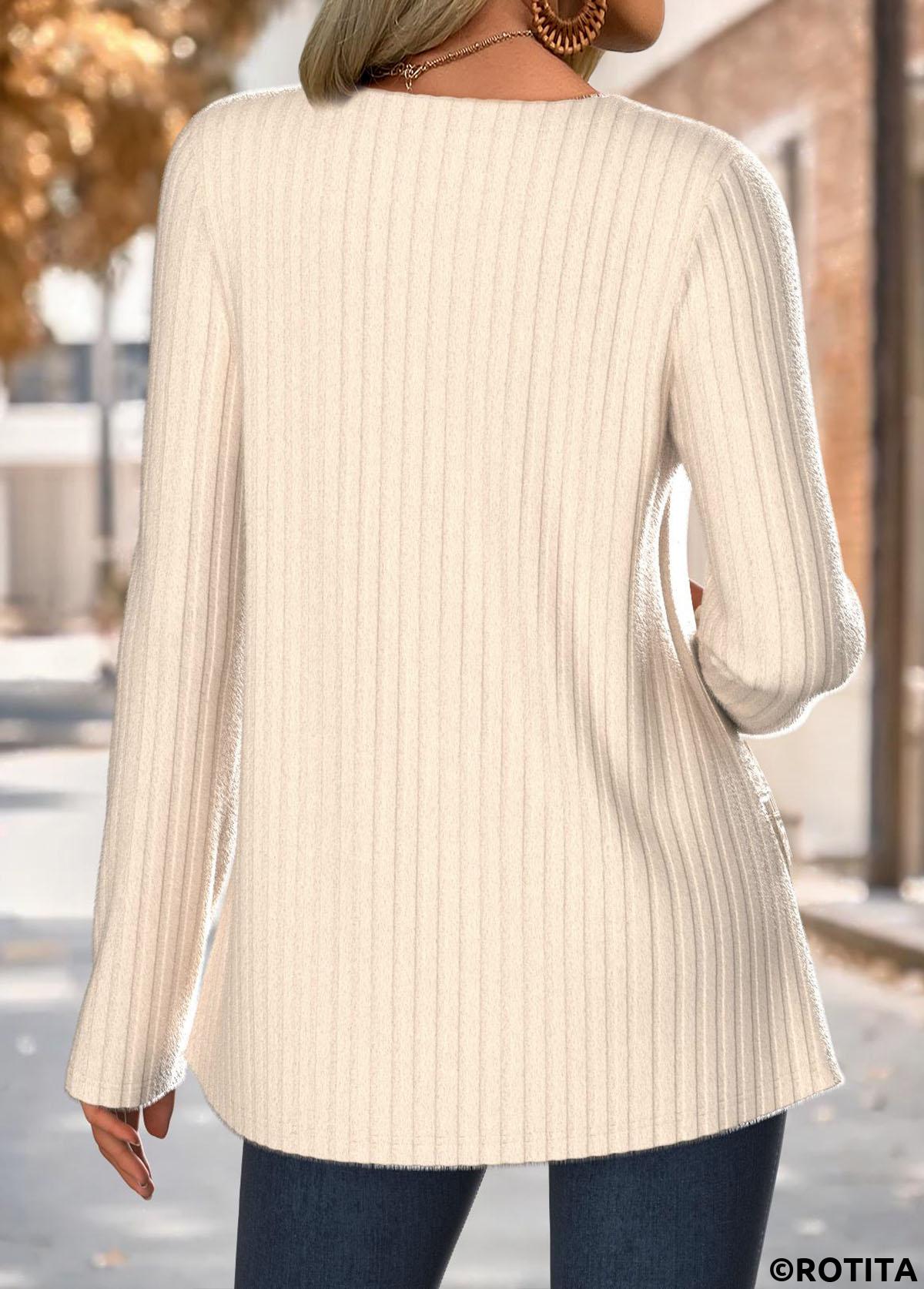 Beige tops,Plain Color tops,ROTITA Tummy Coverage Beige Round Neck Long Sleeve T Shirt