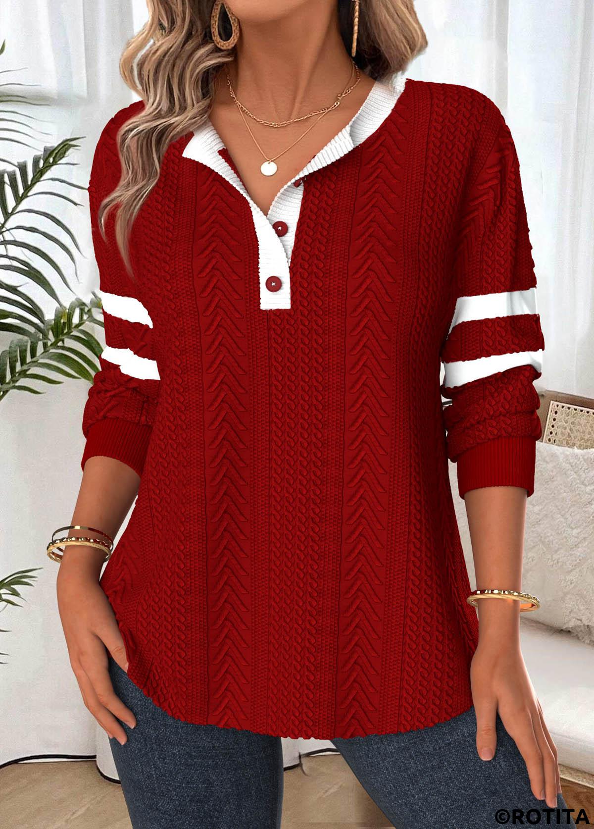 Deep Red tops,Contrast Color tops,ROTITA Tummy Coverage Deep Red Split Neck Long Sleeve Sweatshirt