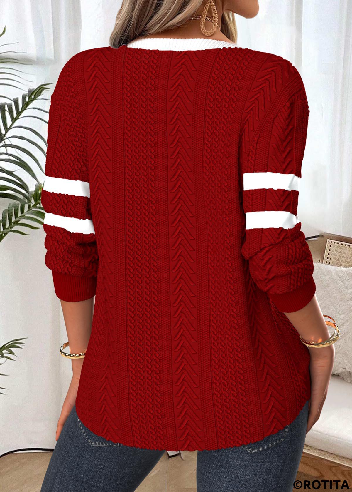 Deep Red tops,Contrast Color tops,ROTITA Tummy Coverage Deep Red Split Neck Long Sleeve Sweatshirt