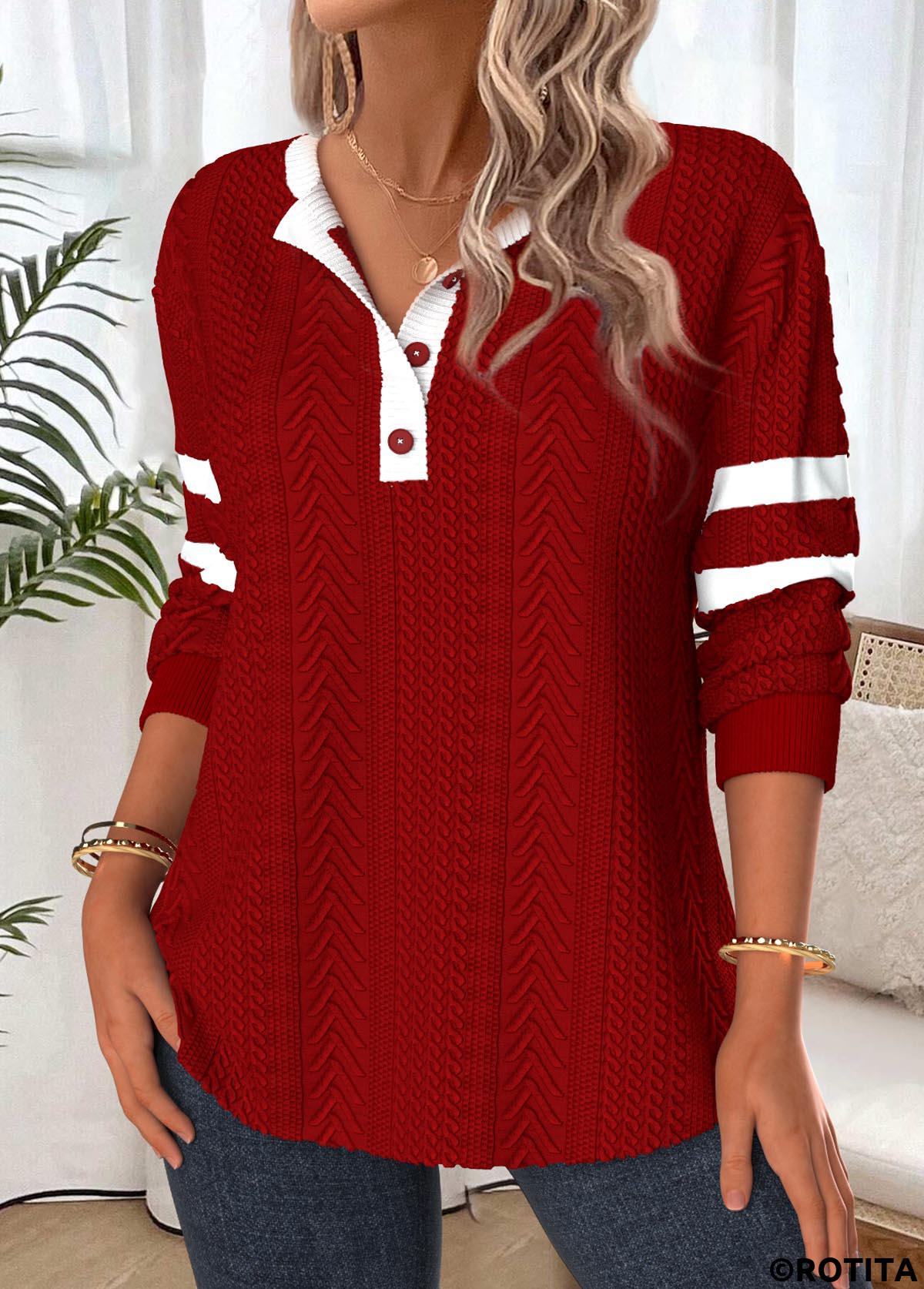 Deep Red tops,Contrast Color tops,ROTITA Tummy Coverage Deep Red Split Neck Long Sleeve Sweatshirt