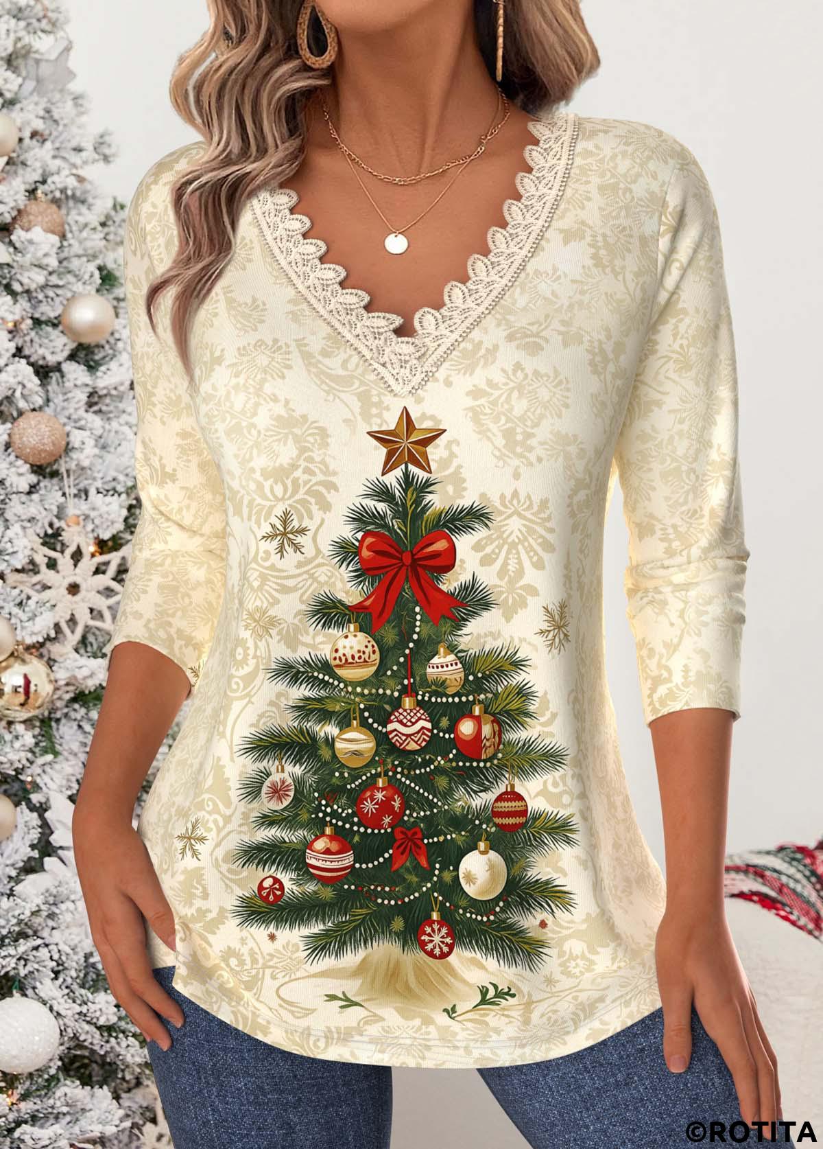 Beige tops,Christmas tops,ROTITA Christmas Tummy Coverage Beige V Neck T Shirt