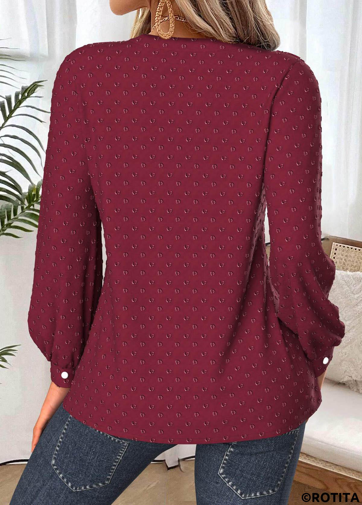 Wine Red tops,Plain Color tops,ROTITA Tummy Coverage Wine Red Split Neck Long Sleeve Shirt