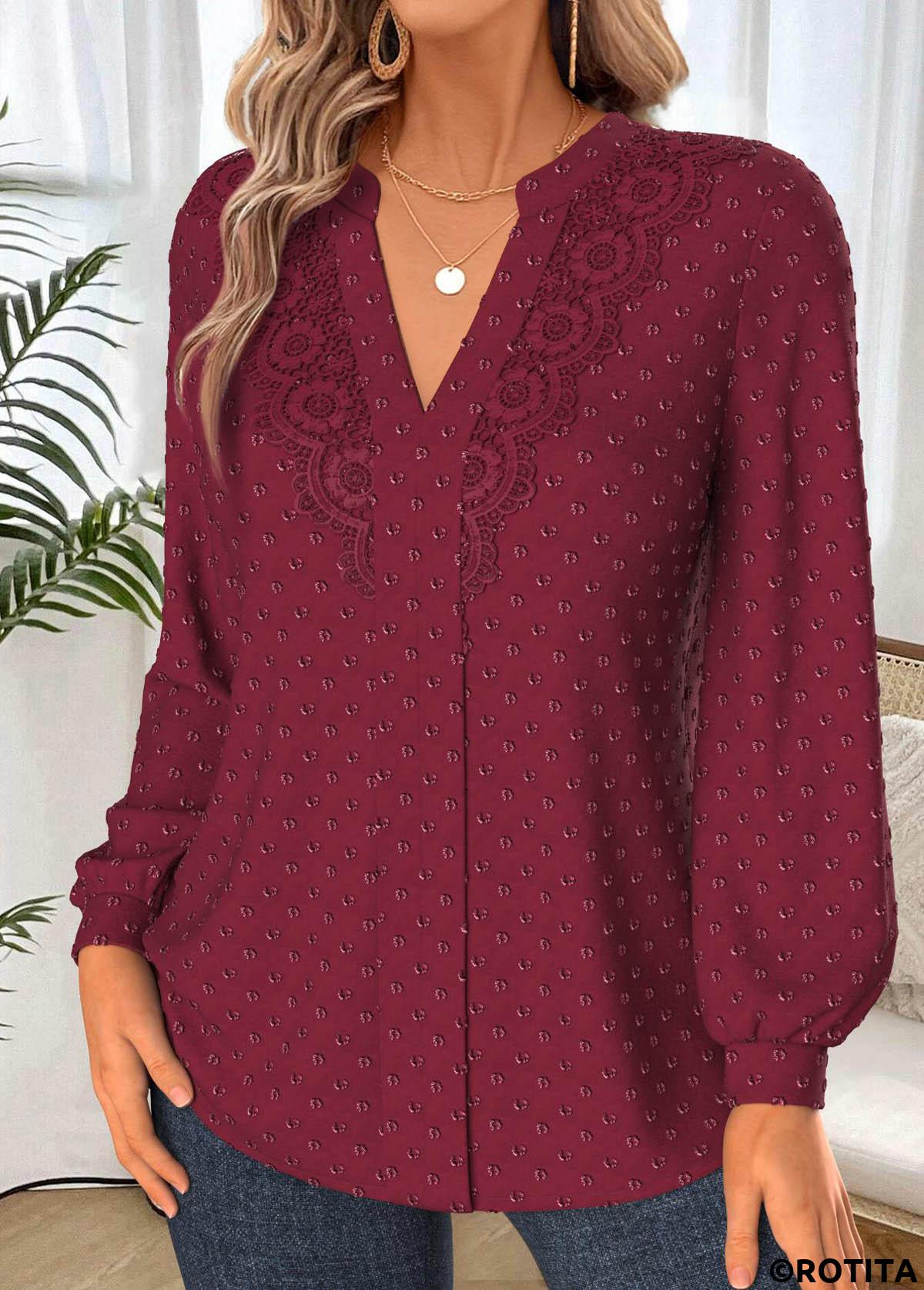 Wine Red tops,Plain Color tops,ROTITA Tummy Coverage Wine Red Split Neck Long Sleeve Shirt