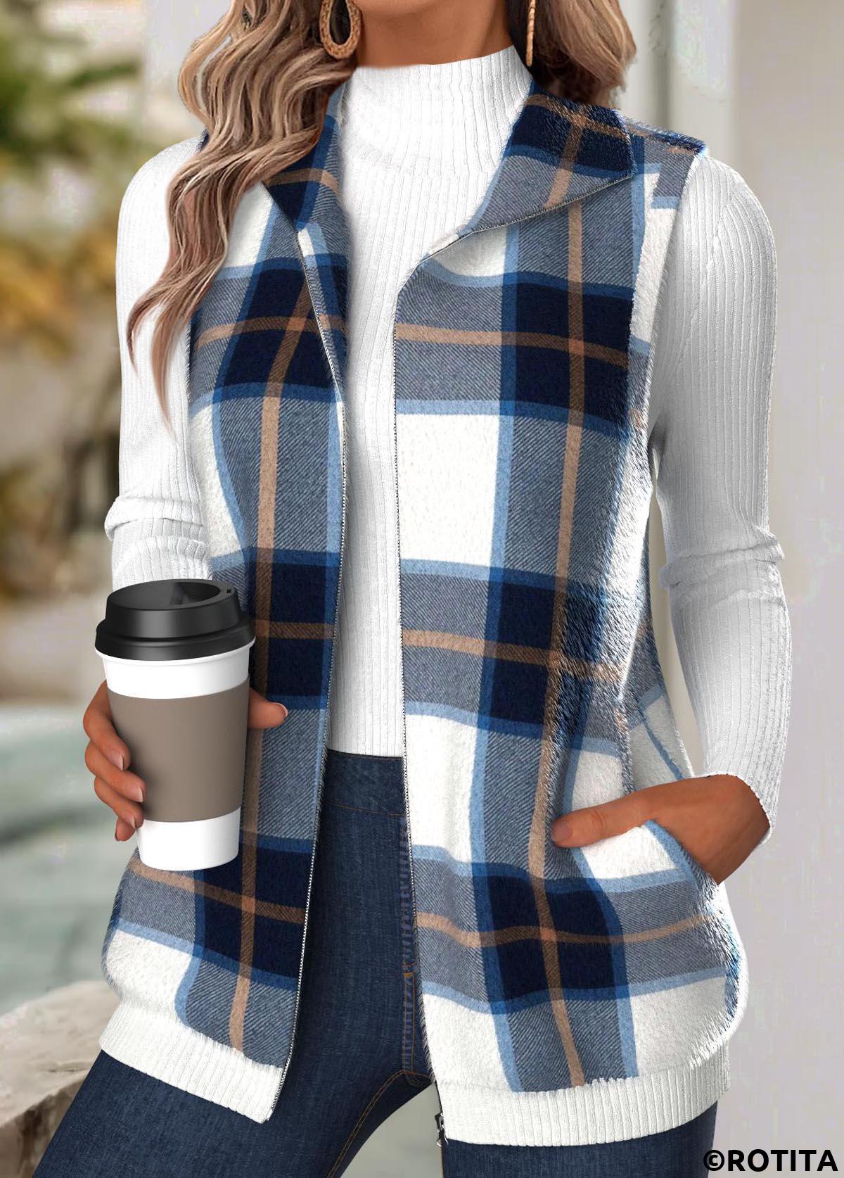 Navy tops,Plaid tops,Geometric tops,ROTITA Tummy Coverage Plaid Navy Turn Down Collar Sleeveless Waistcoat