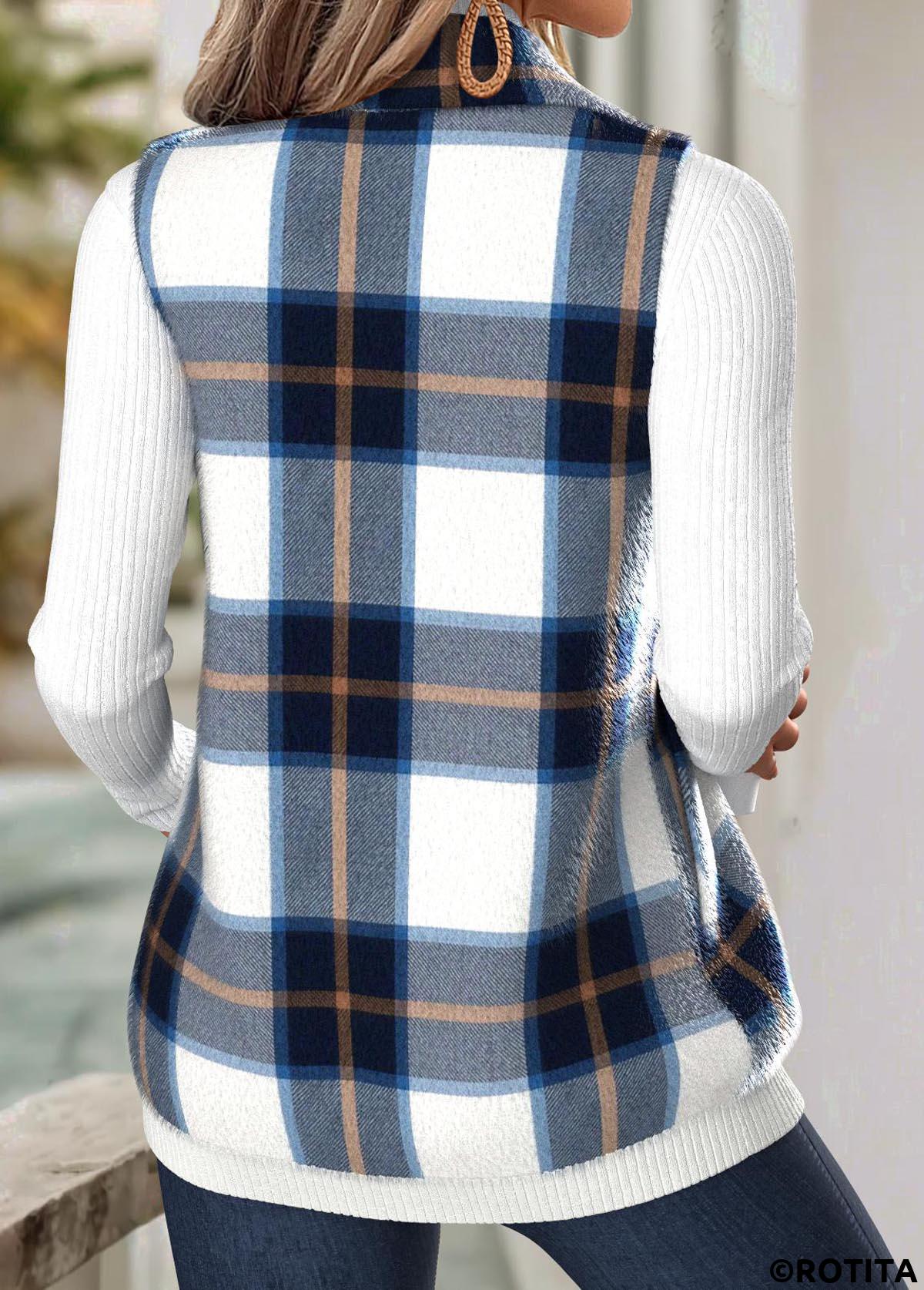 Navy tops,Plaid tops,Geometric tops,ROTITA Tummy Coverage Plaid Navy Turn Down Collar Sleeveless Waistcoat