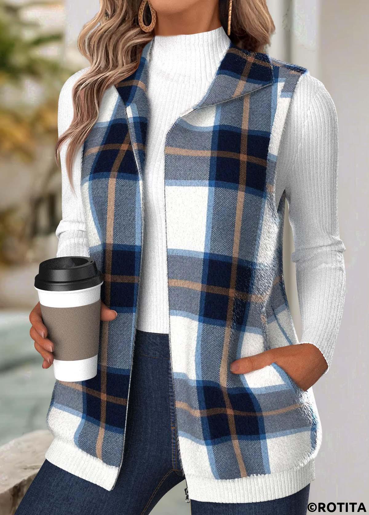 Navy tops,Plaid tops,Geometric tops,ROTITA Tummy Coverage Plaid Navy Turn Down Collar Sleeveless Waistcoat