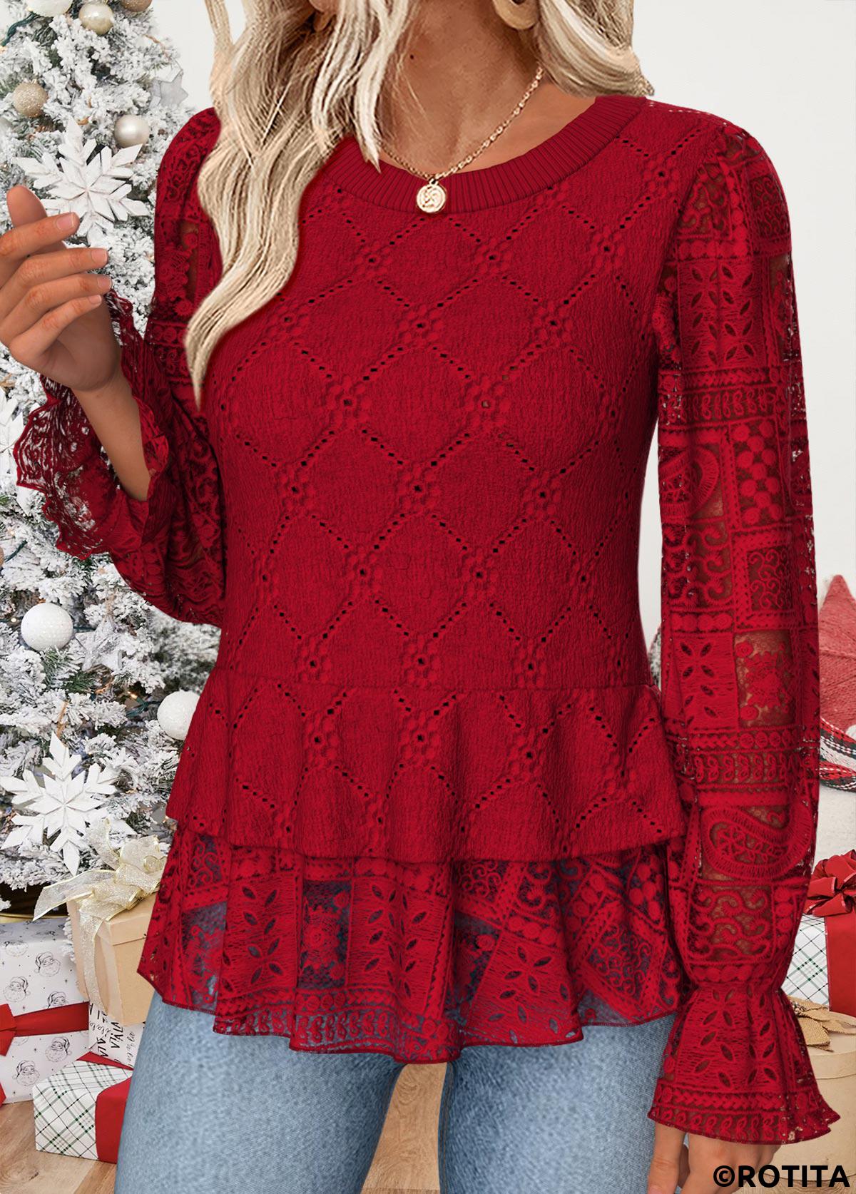 Red tops,Plain Color tops,ROTITA Patchwork Red Round Neck Long Sleeve Blouse