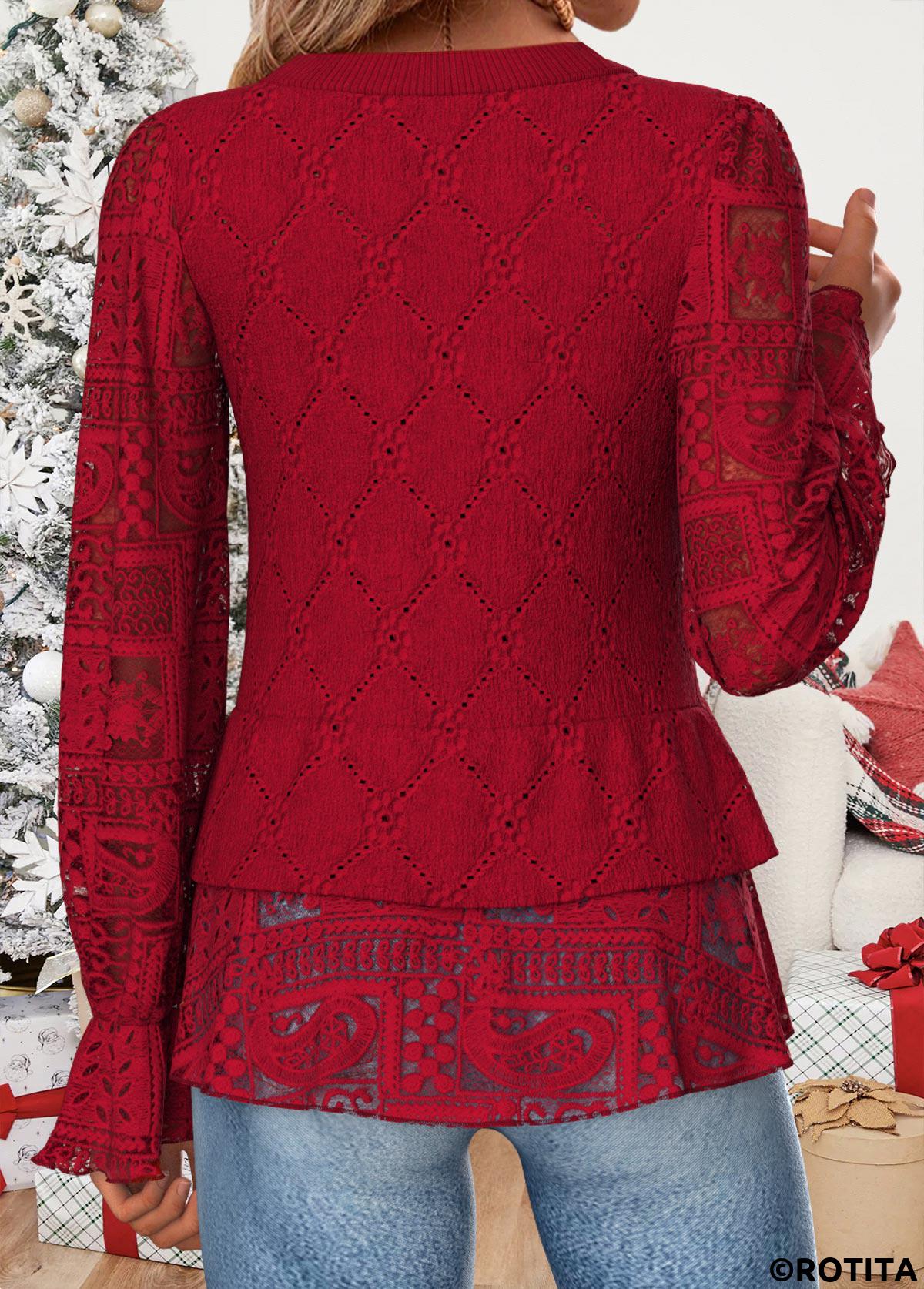 Red tops,Plain Color tops,ROTITA Patchwork Red Round Neck Long Sleeve Blouse