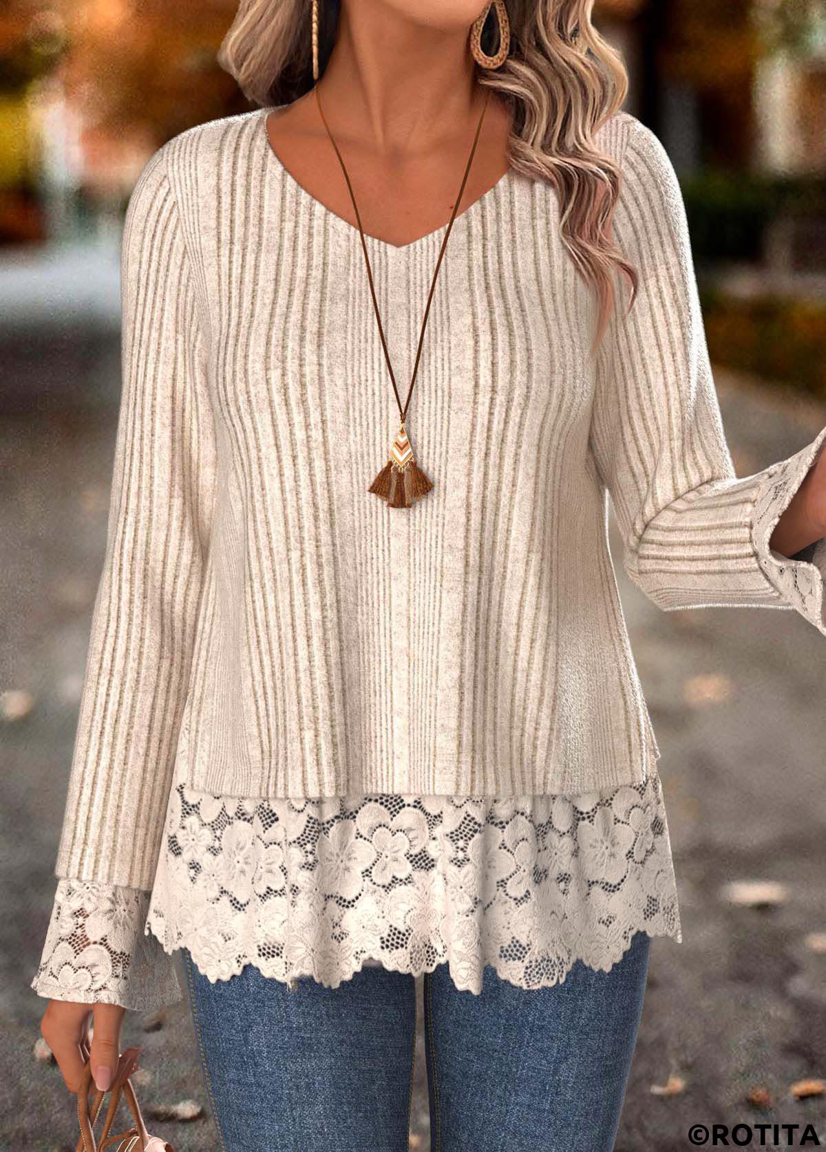 Skin Color tops,Plain Color tops,ROTITA Fake 2in1 Skin Color V Neck T Shirt