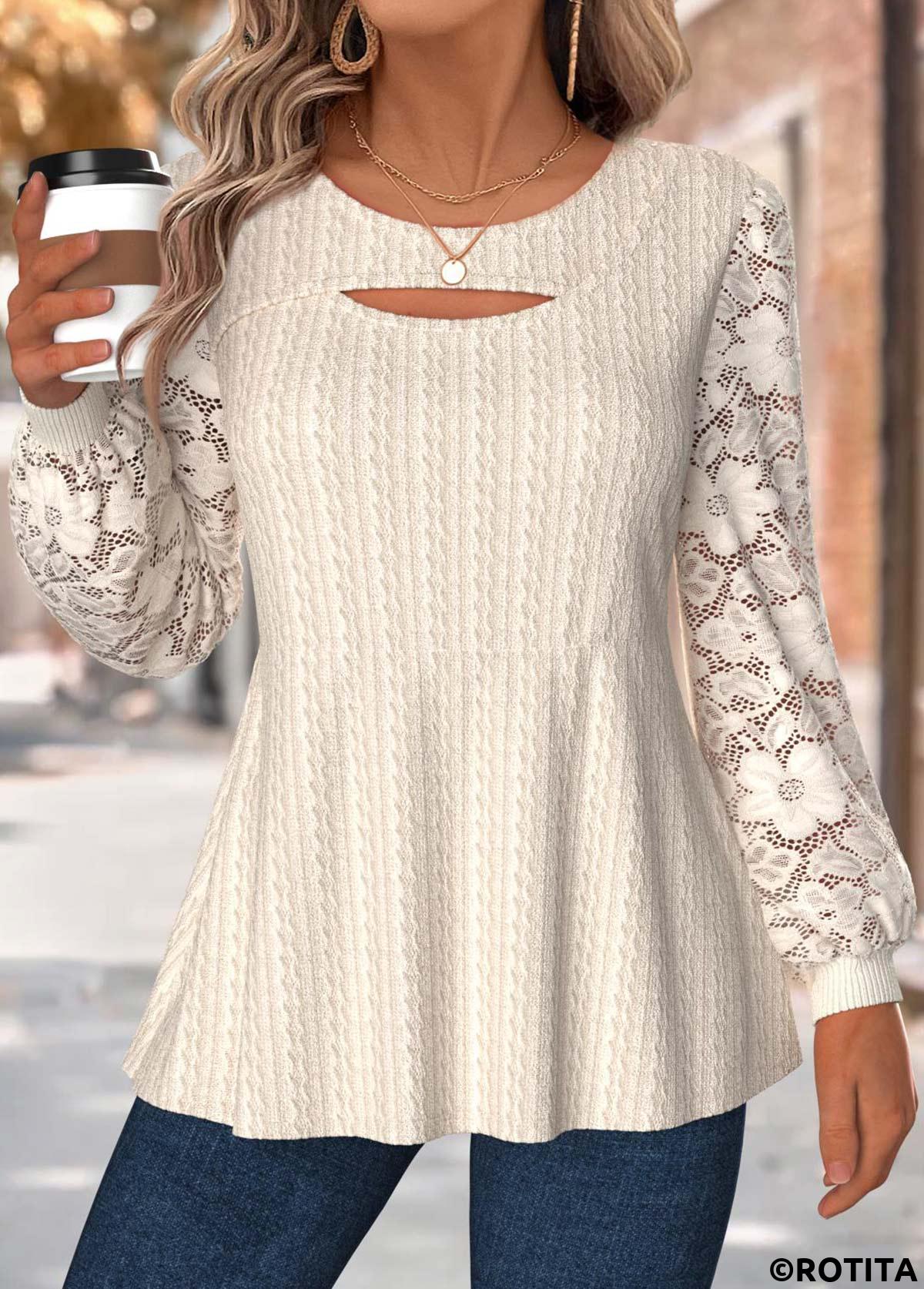 Beige tops,Plain Color tops,ROTITA Tummy Coverage Beige Round Neck Long Sleeve T Shirt