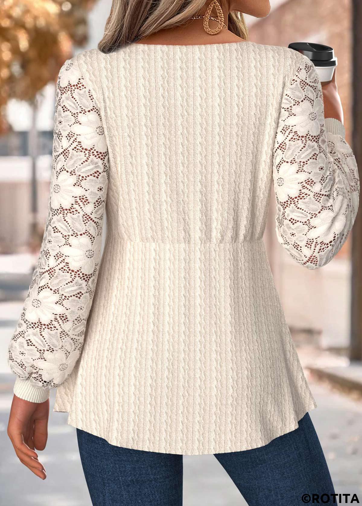 Beige tops,Plain Color tops,ROTITA Tummy Coverage Beige Round Neck Long Sleeve T Shirt