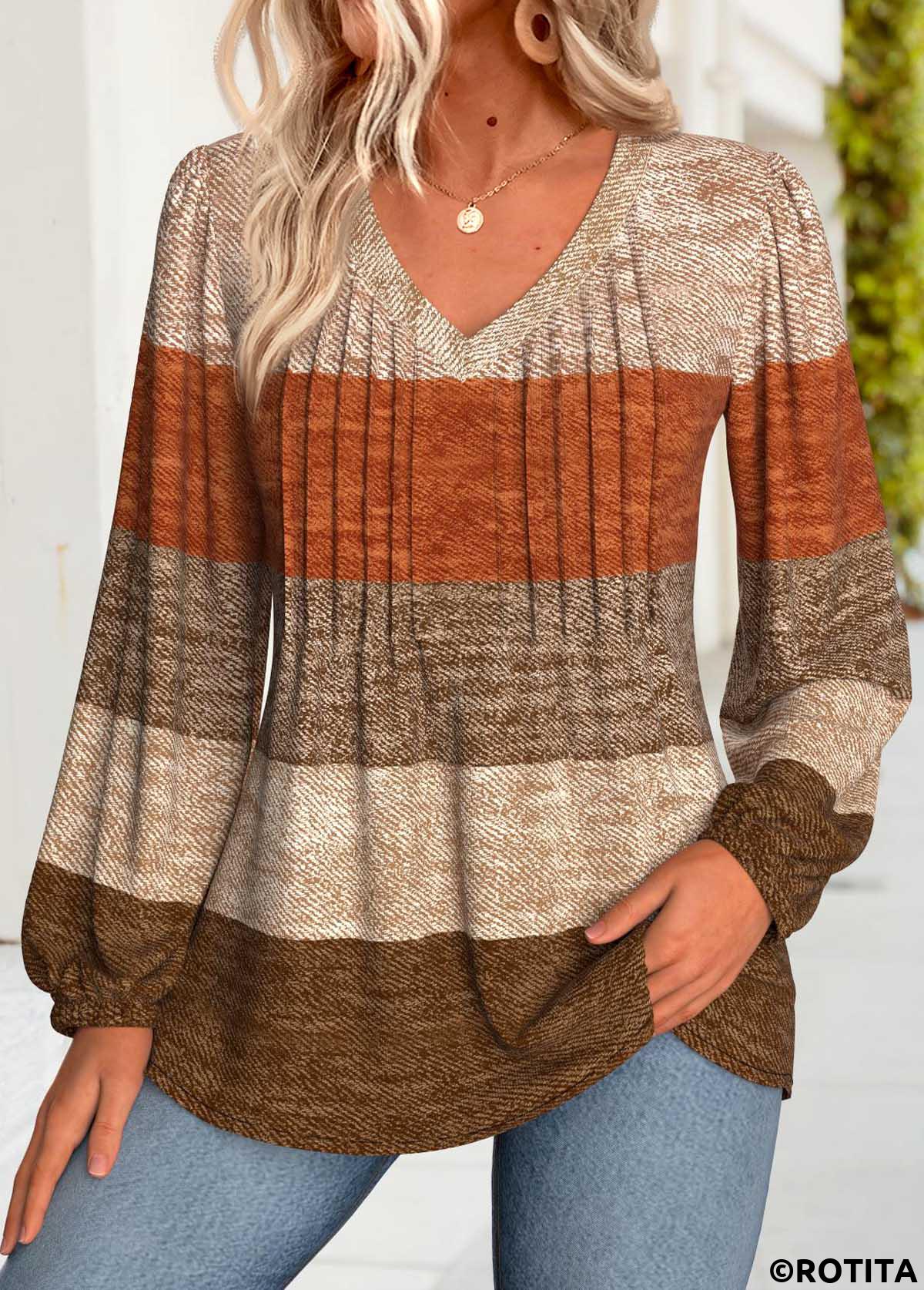 Dark Coffee tops,Striped tops,Geometric tops,ROTITA Tummy Coverage Striped Dark Coffee V Neck Blouse
