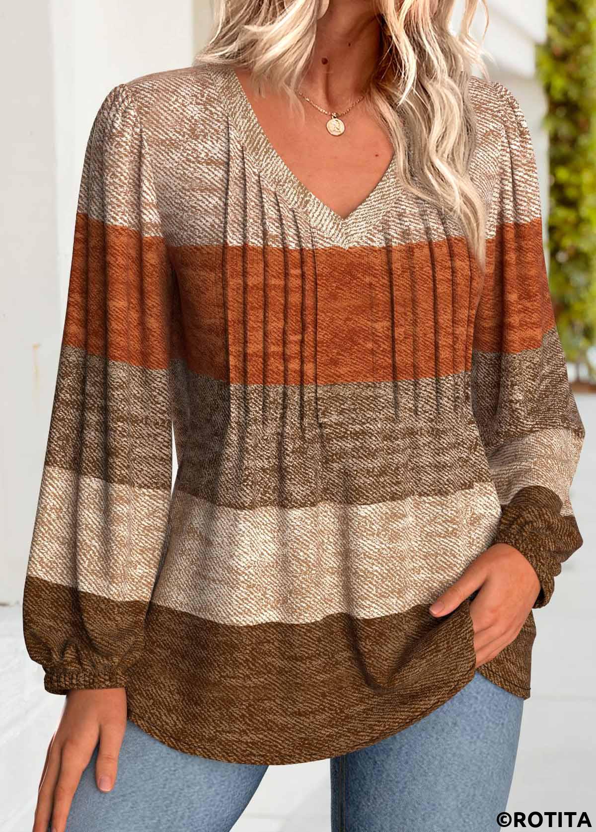 Dark Coffee tops,Striped tops,Geometric tops,ROTITA Tummy Coverage Striped Dark Coffee V Neck Blouse