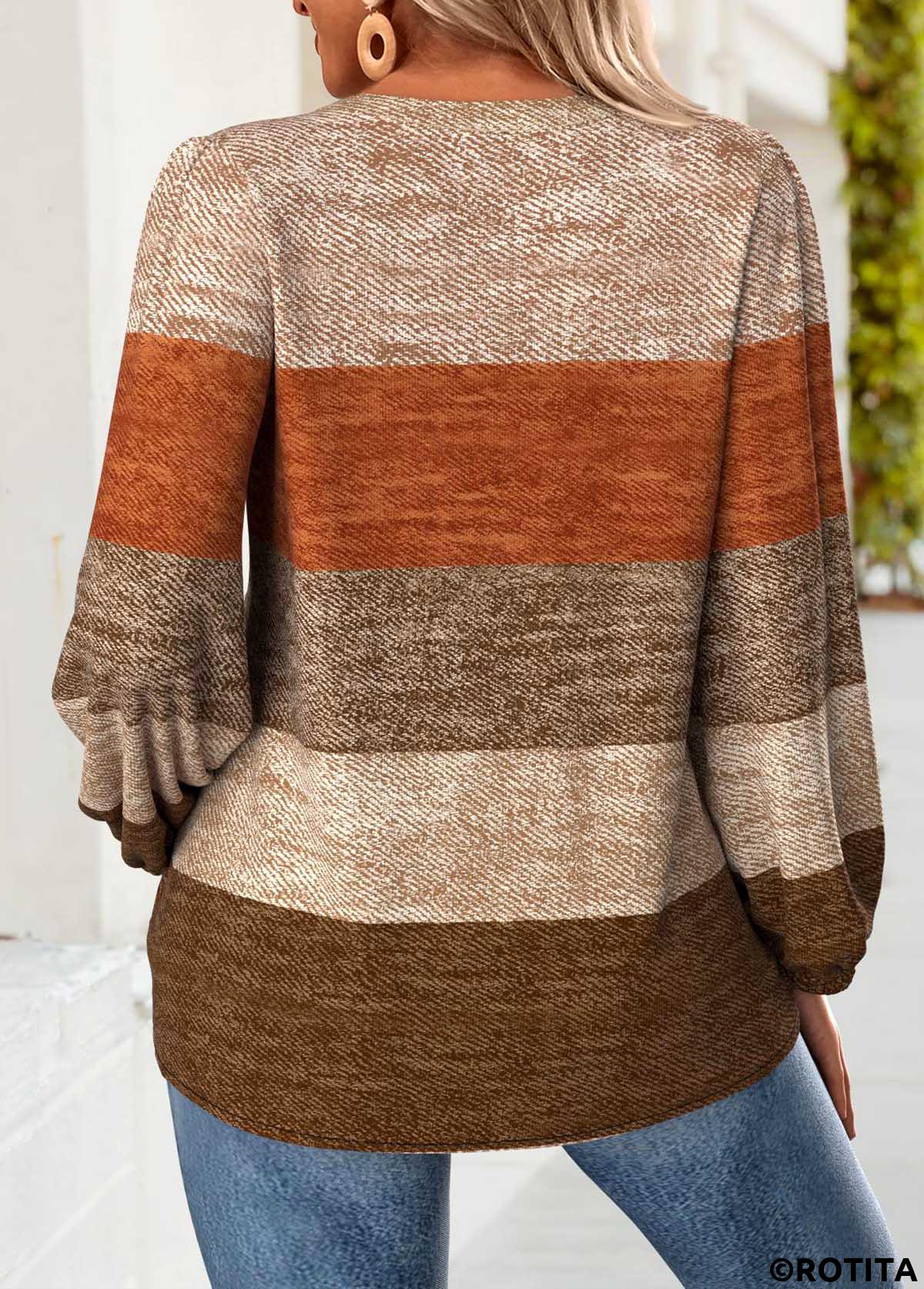 Dark Coffee tops,Striped tops,Geometric tops,ROTITA Tummy Coverage Striped Dark Coffee V Neck Blouse