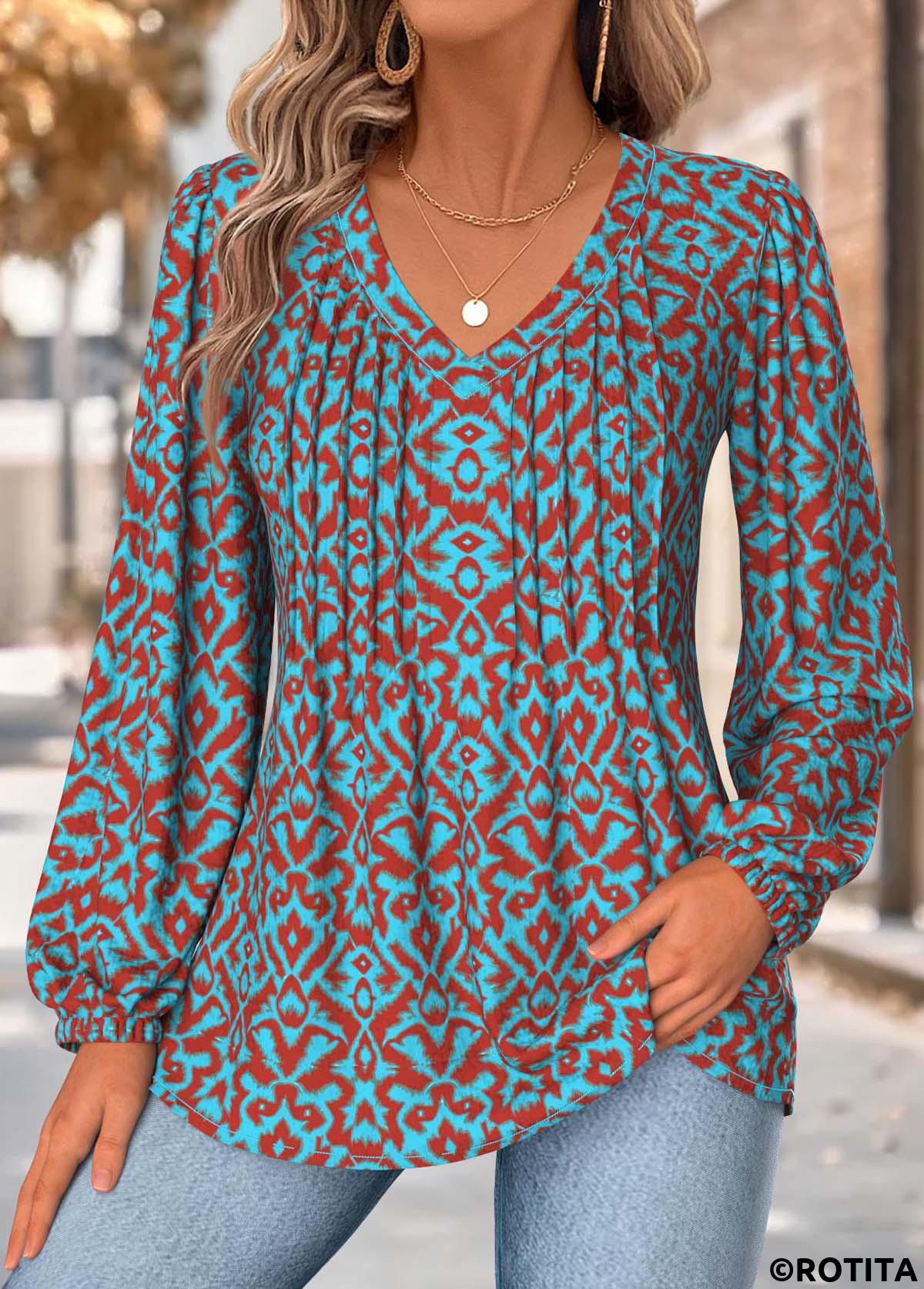 Neon Blue tops,Tribal tops,ROTITA Tummy Coverage Tribal Print Neon Blue V Neck Blouse