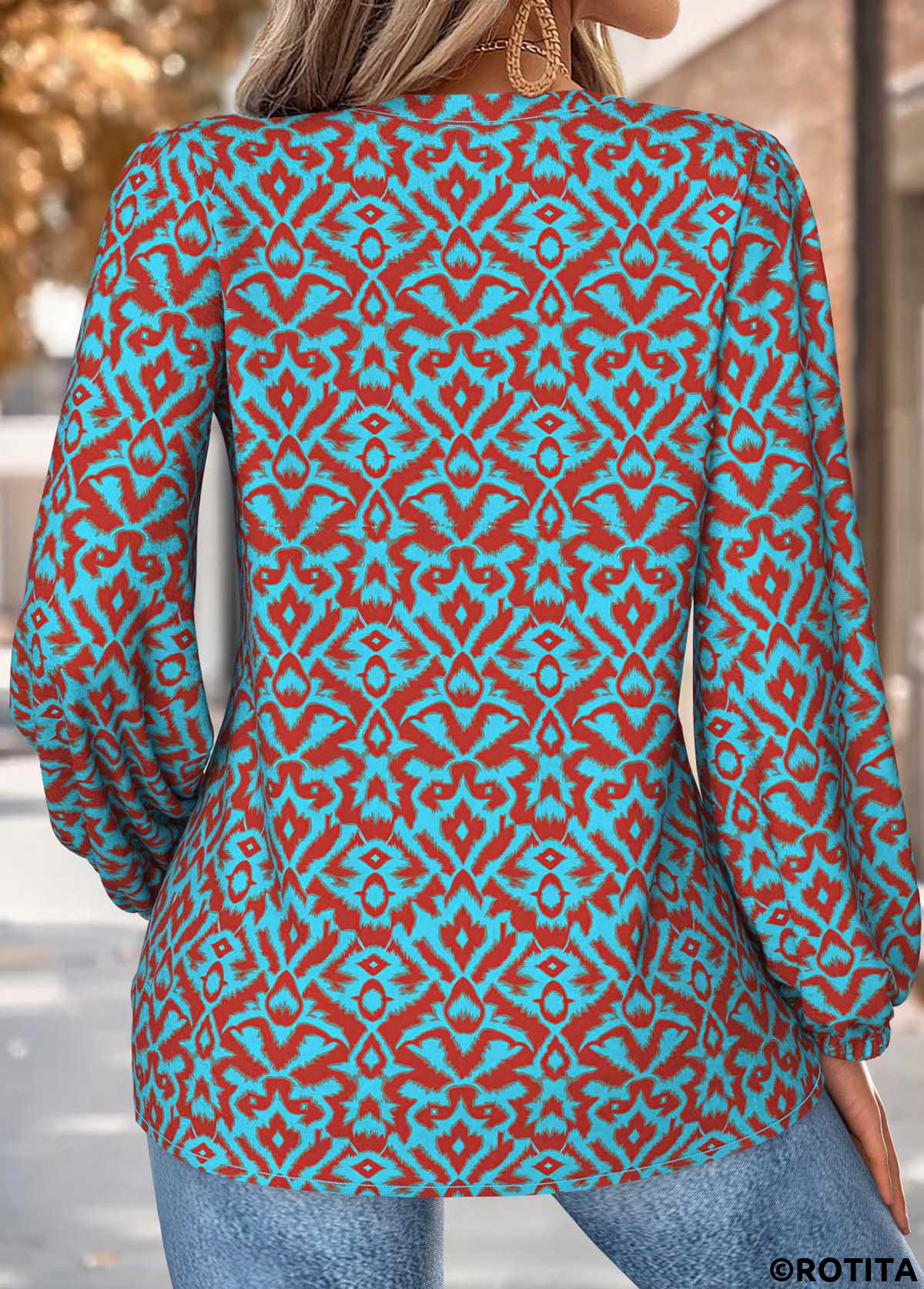 Neon Blue tops,Tribal tops,ROTITA Tummy Coverage Tribal Print Neon Blue V Neck Blouse