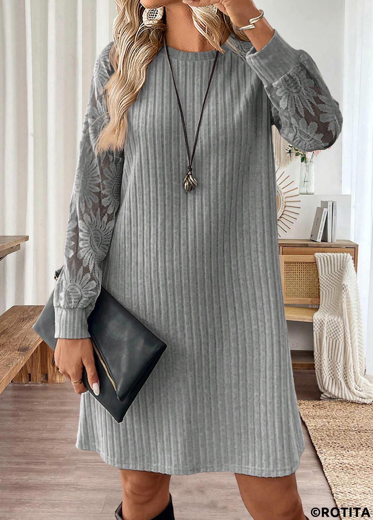 Light Grey dresses,Plain Color dresses,Everyday dresses,Casual dresses,ROTITA Tummy Coverage Light Grey Short Round Neck Dress