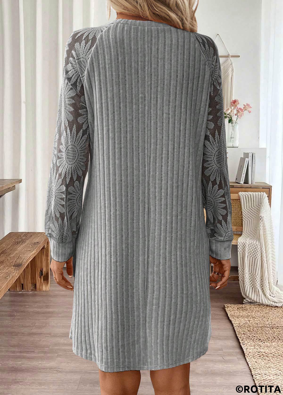 Light Grey dresses,Plain Color dresses,Everyday dresses,Casual dresses,ROTITA Tummy Coverage Light Grey Short Round Neck Dress
