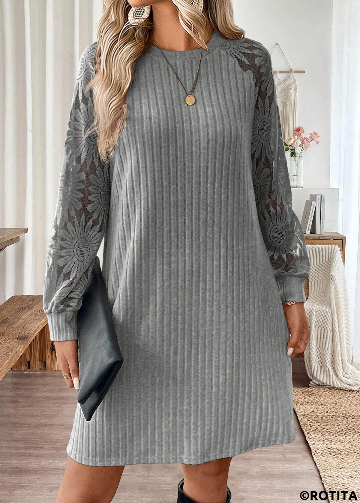 Light Grey dresses,Plain Color dresses,Everyday dresses,Casual dresses,ROTITA Tummy Coverage Light Grey Short Round Neck Dress