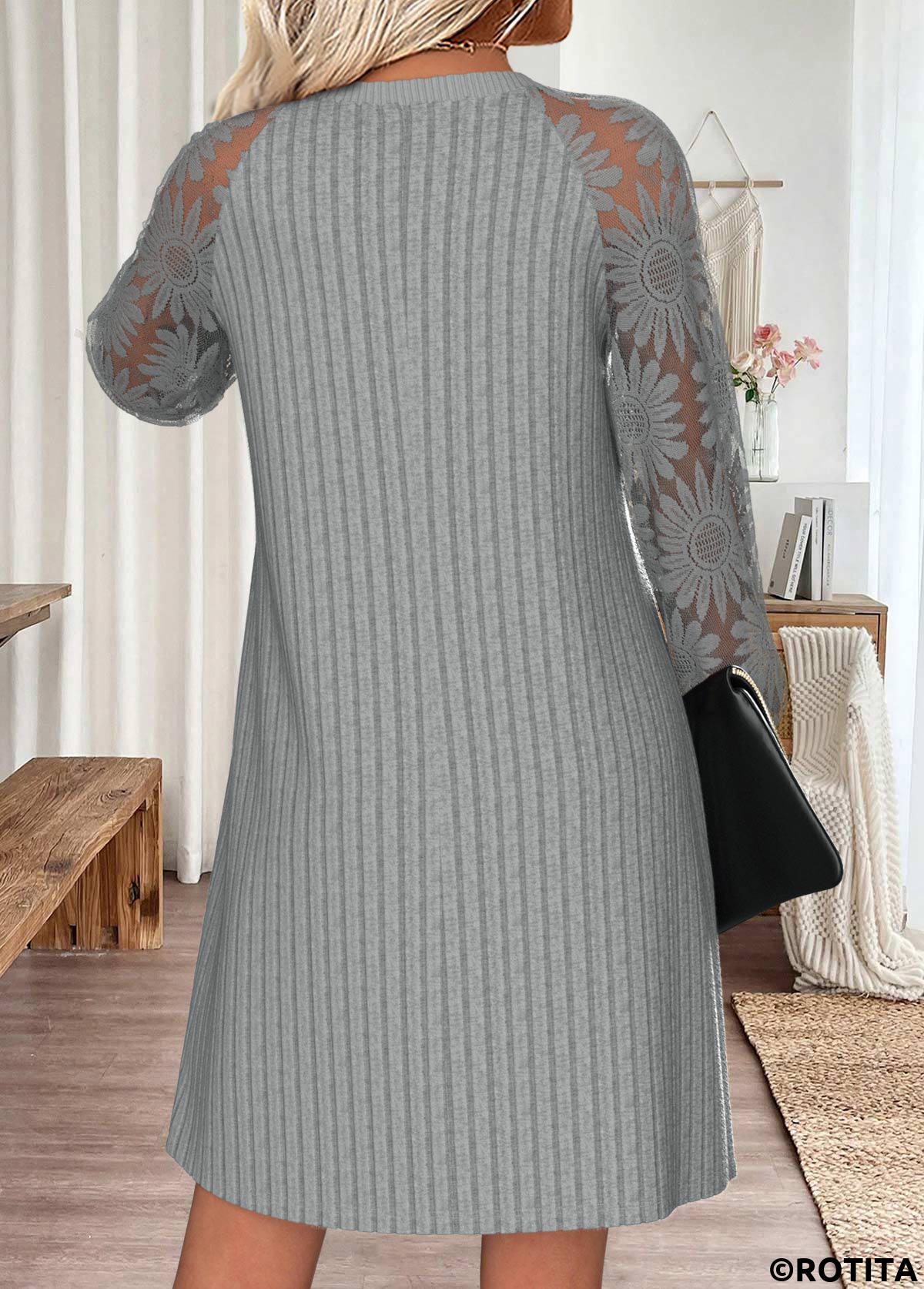 Light Grey dresses,Plain Color dresses,Everyday dresses,Casual dresses,ROTITA Tummy Coverage Light Grey Short Round Neck Dress