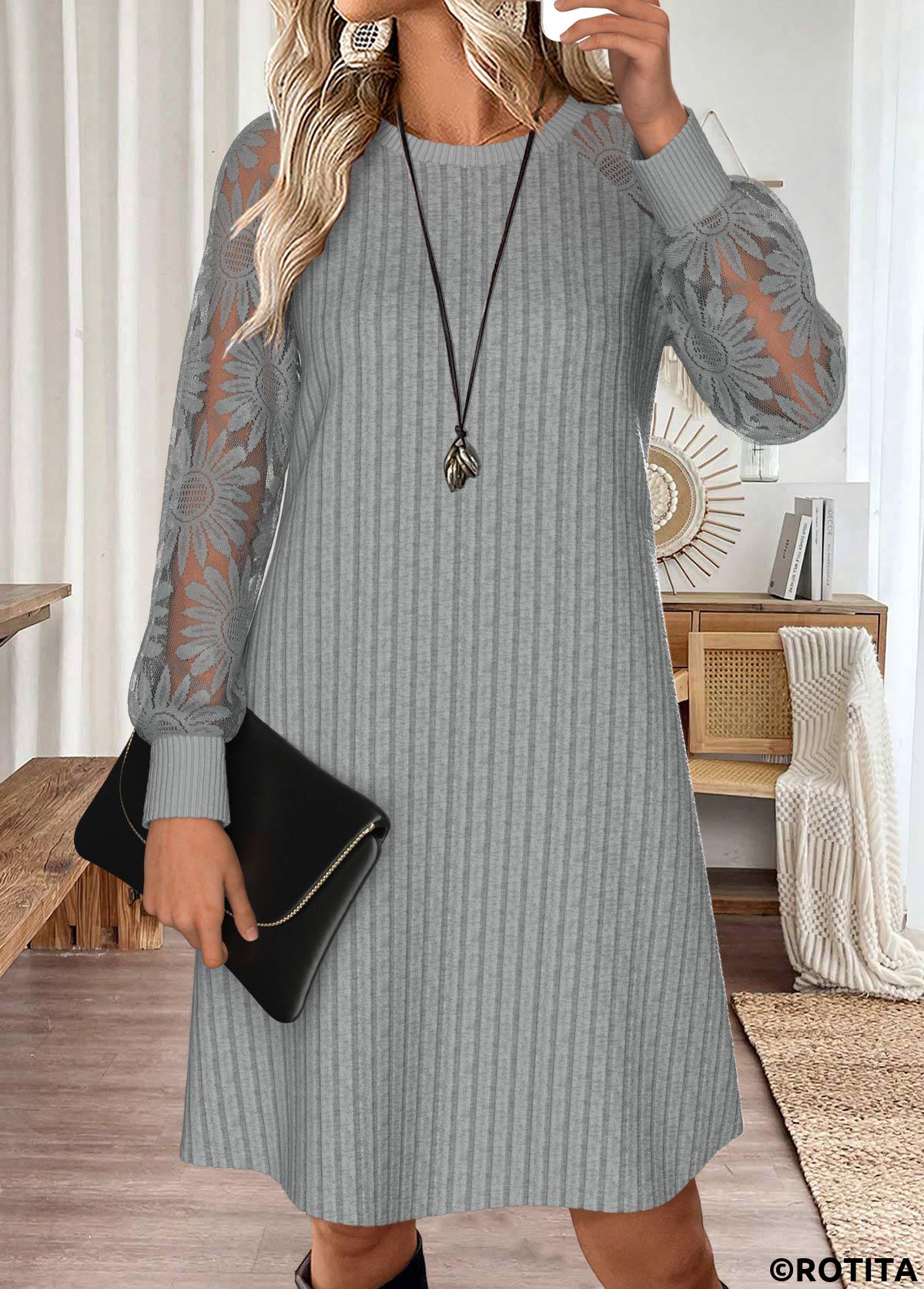 Light Grey dresses,Plain Color dresses,Everyday dresses,Casual dresses,ROTITA Tummy Coverage Light Grey Short Round Neck Dress