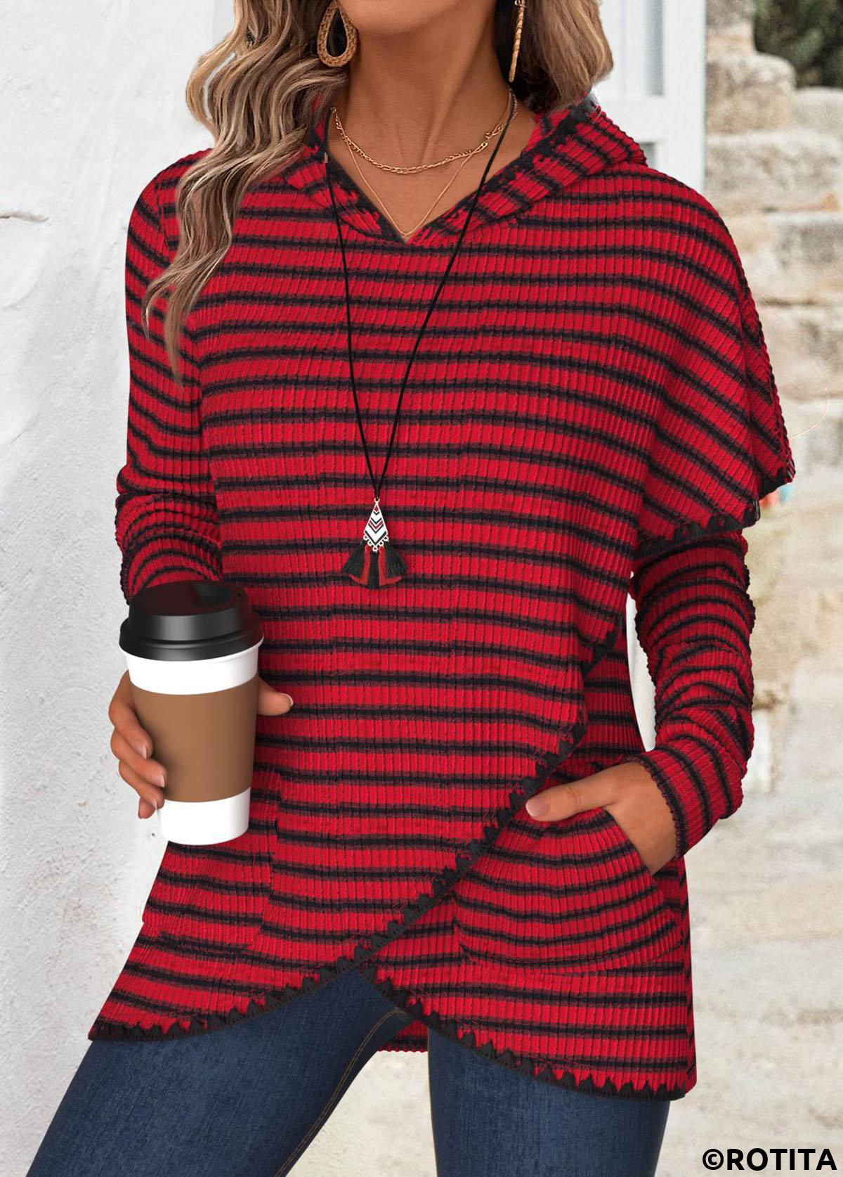 Wine Red tops,Striped tops,Geometric tops,ROTITA Tummy Coverage Striped Wine Red Long Sleeve Hoodie