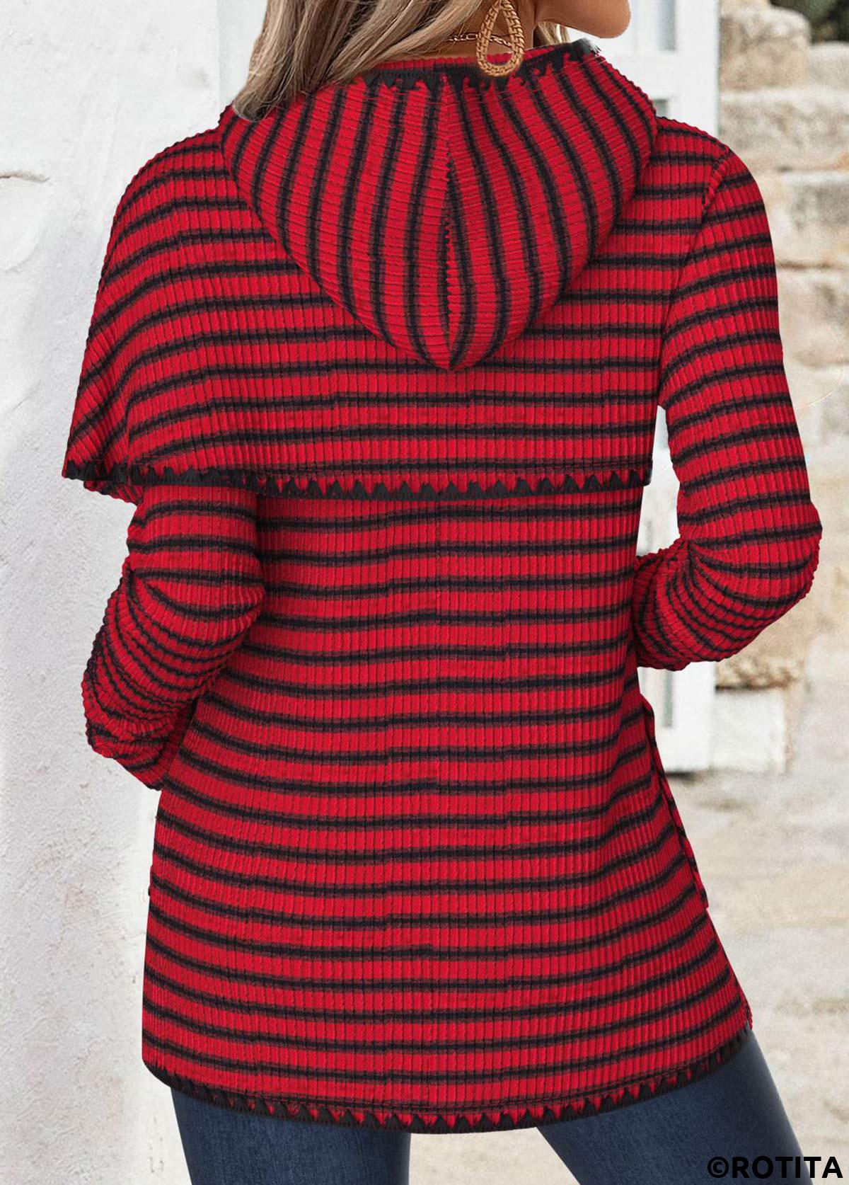Wine Red tops,Striped tops,Geometric tops,ROTITA Tummy Coverage Striped Wine Red Long Sleeve Hoodie