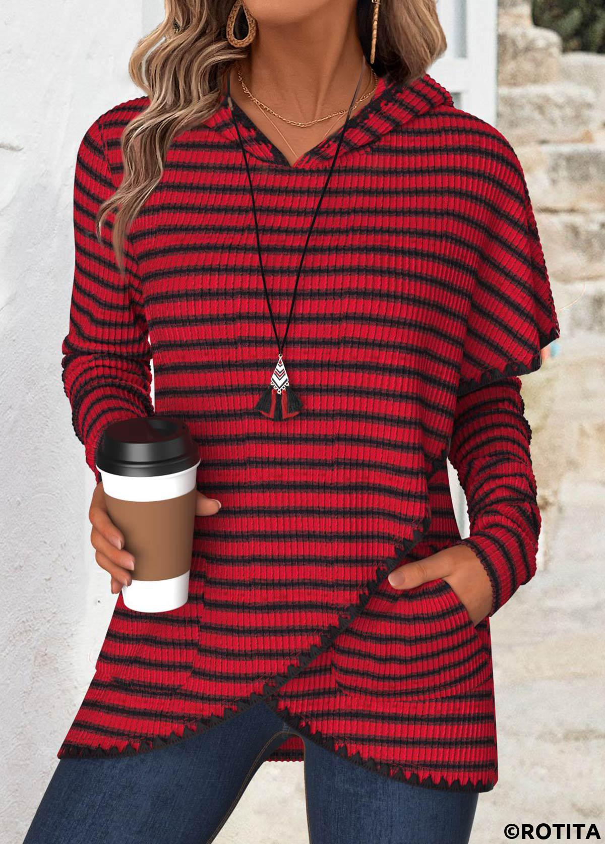 Wine Red tops,Striped tops,Geometric tops,ROTITA Tummy Coverage Striped Wine Red Long Sleeve Hoodie