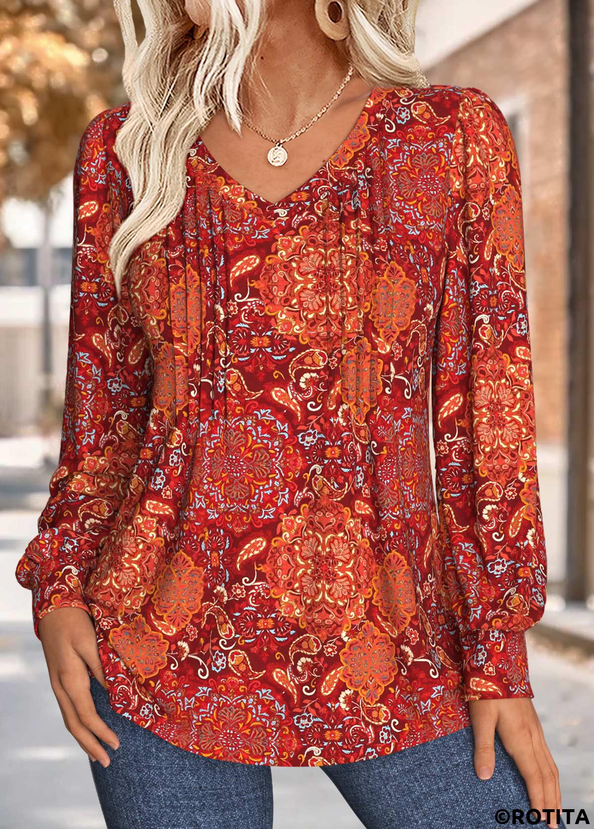 Wine Red tops,Tribal tops,ROTITA Tuck Stitch Tribal Print Wine Red T Shirt