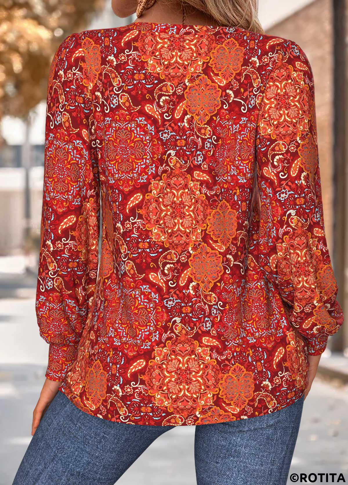 Wine Red tops,Tribal tops,ROTITA Tuck Stitch Tribal Print Wine Red T Shirt