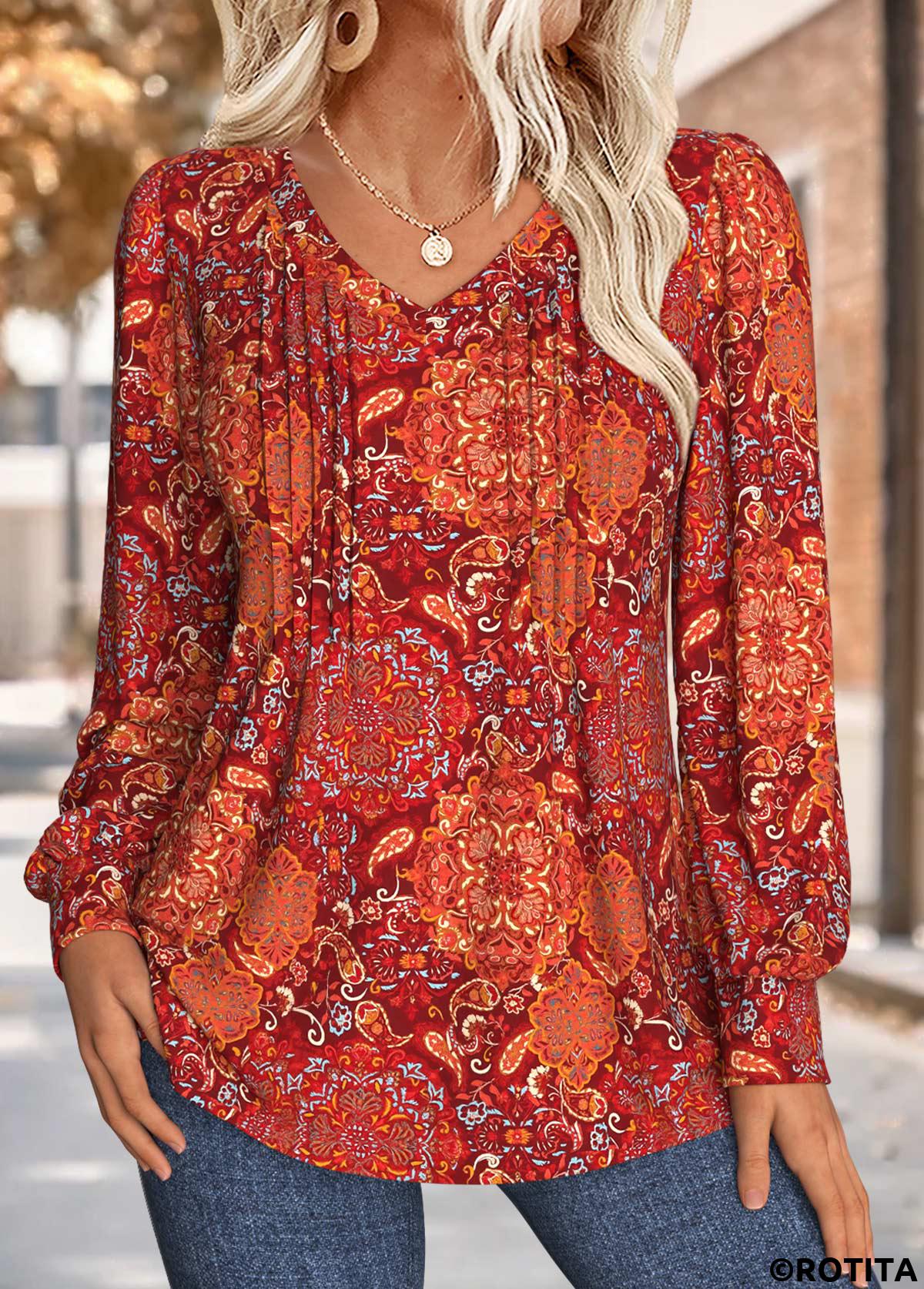 Wine Red tops,Tribal tops,ROTITA Tuck Stitch Tribal Print Wine Red T Shirt