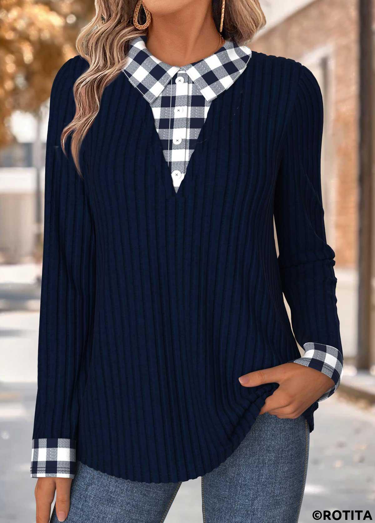 Navy tops,Plaid tops,Geometric tops,ROTITA Tummy Coverage Plaid Navy Fake Two Piece Twinset