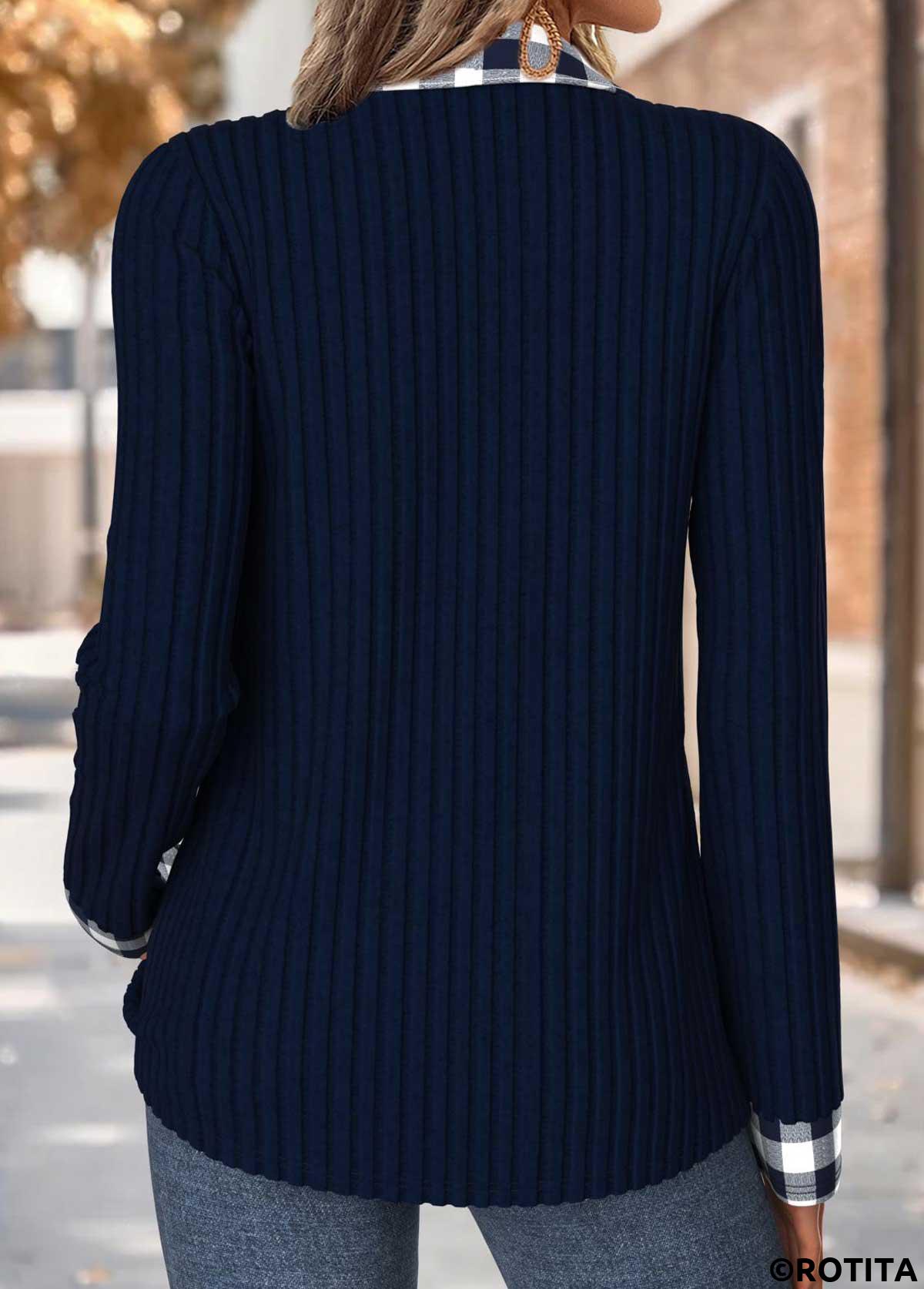 Navy tops,Plaid tops,Geometric tops,ROTITA Tummy Coverage Plaid Navy Fake Two Piece Twinset