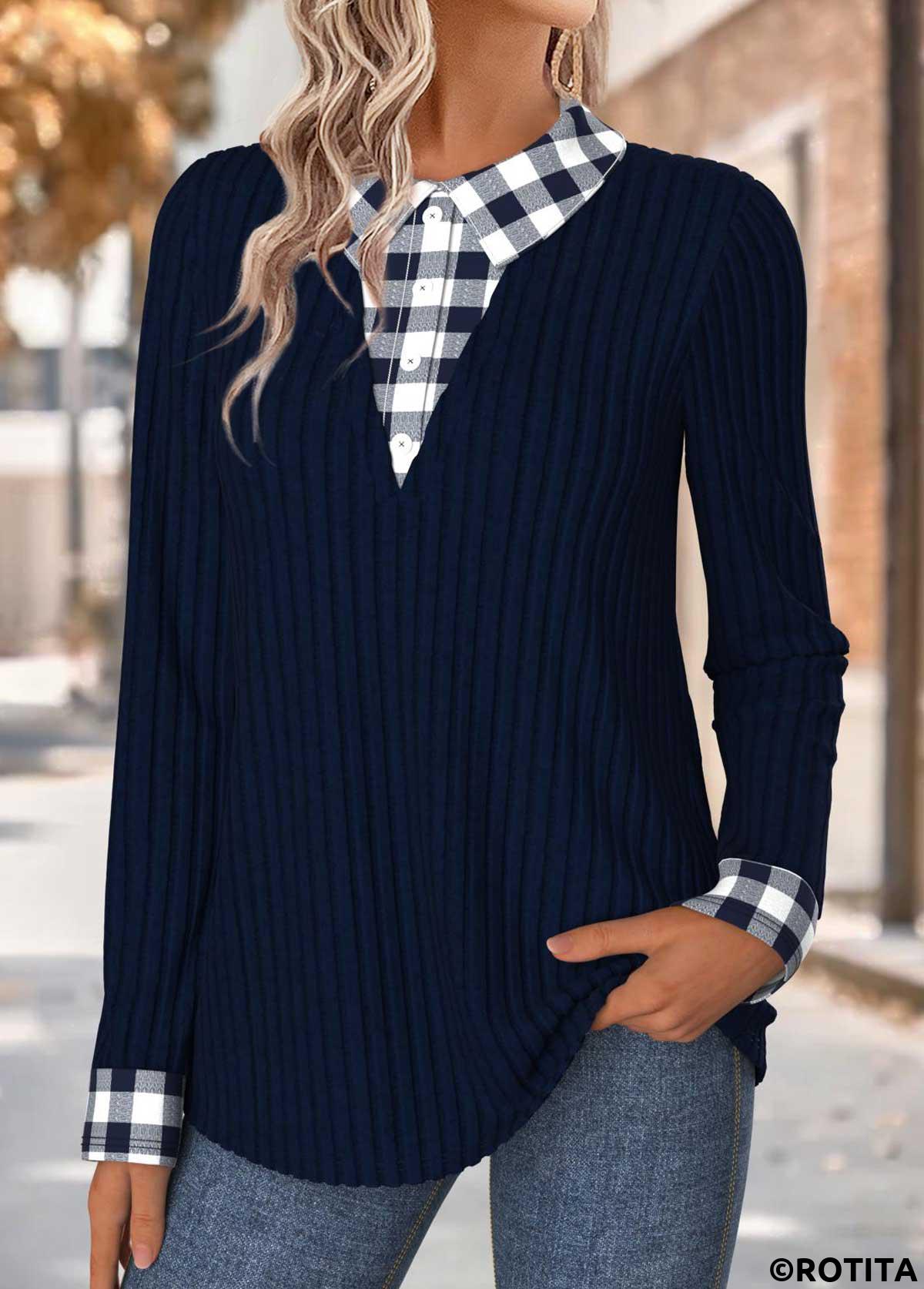 Navy tops,Plaid tops,Geometric tops,ROTITA Tummy Coverage Plaid Navy Fake Two Piece Twinset