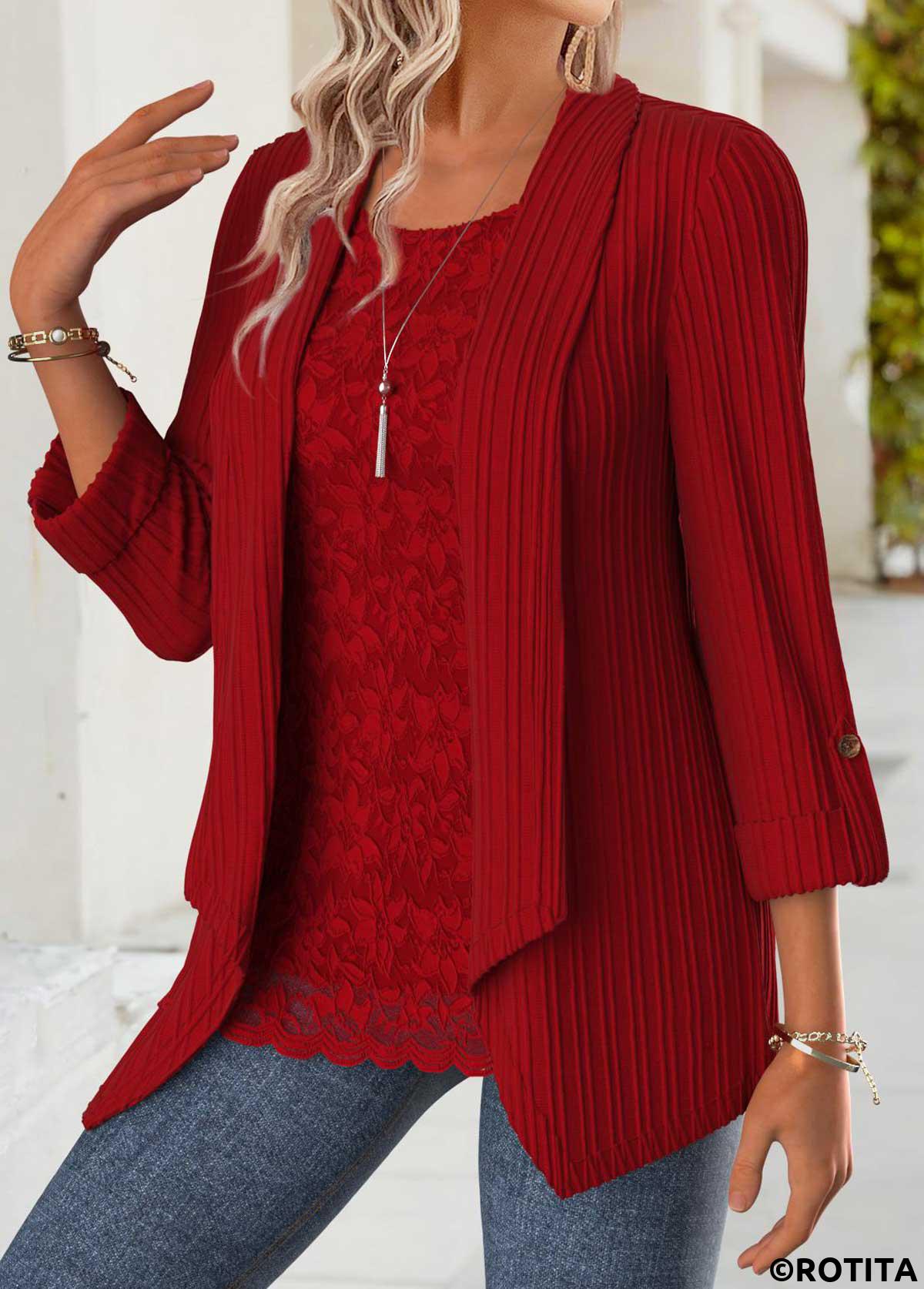 Red tops,Plain Color tops,ROTITA Tummy Coverage Red Square Neck Long Sleeve Blouse